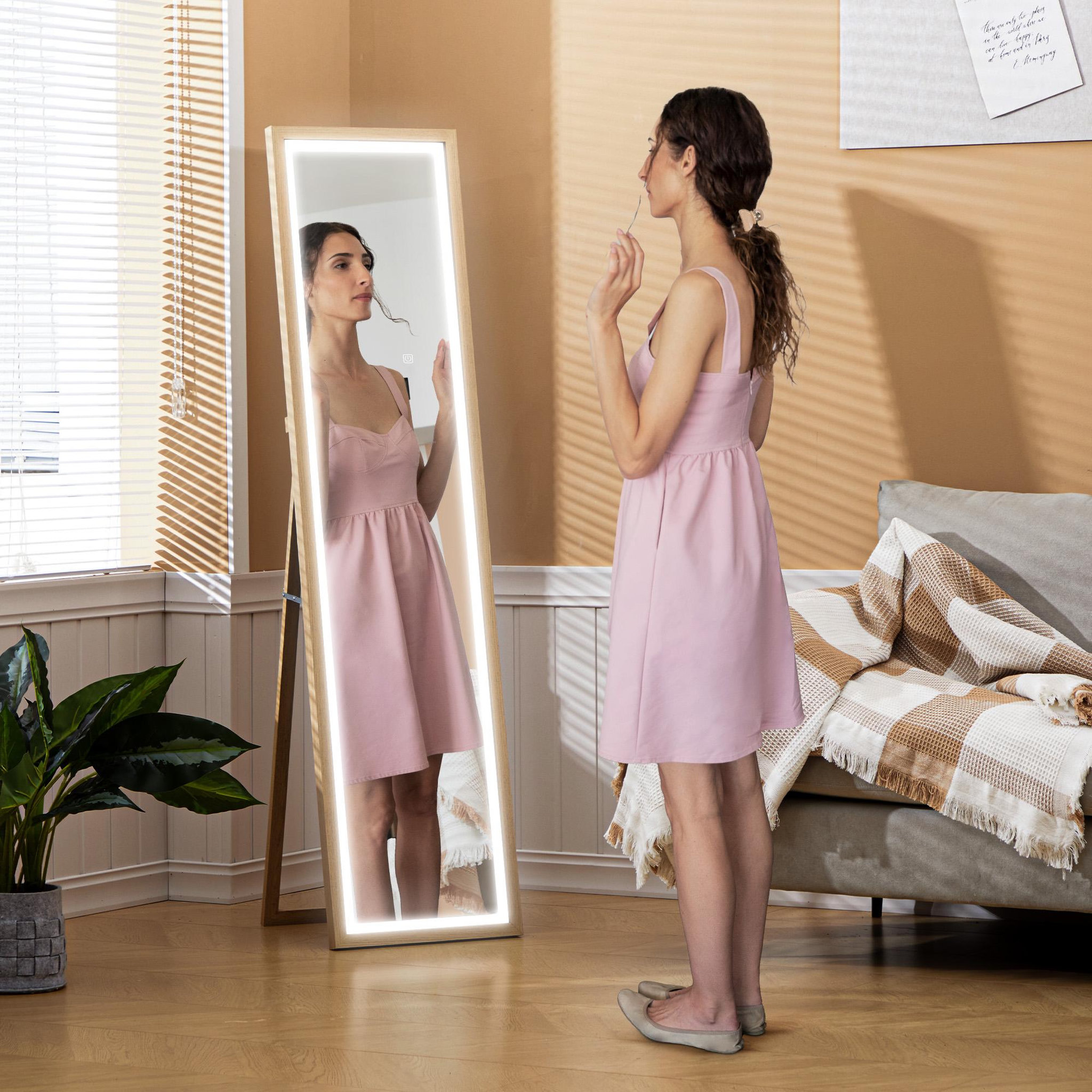 Voir la diapositive 4 : HOMCOM Grand miroir led pleine longueur 40 x 160 cm autoportant ou à fixer - 3 couleurs luminosité réglable - effet bois