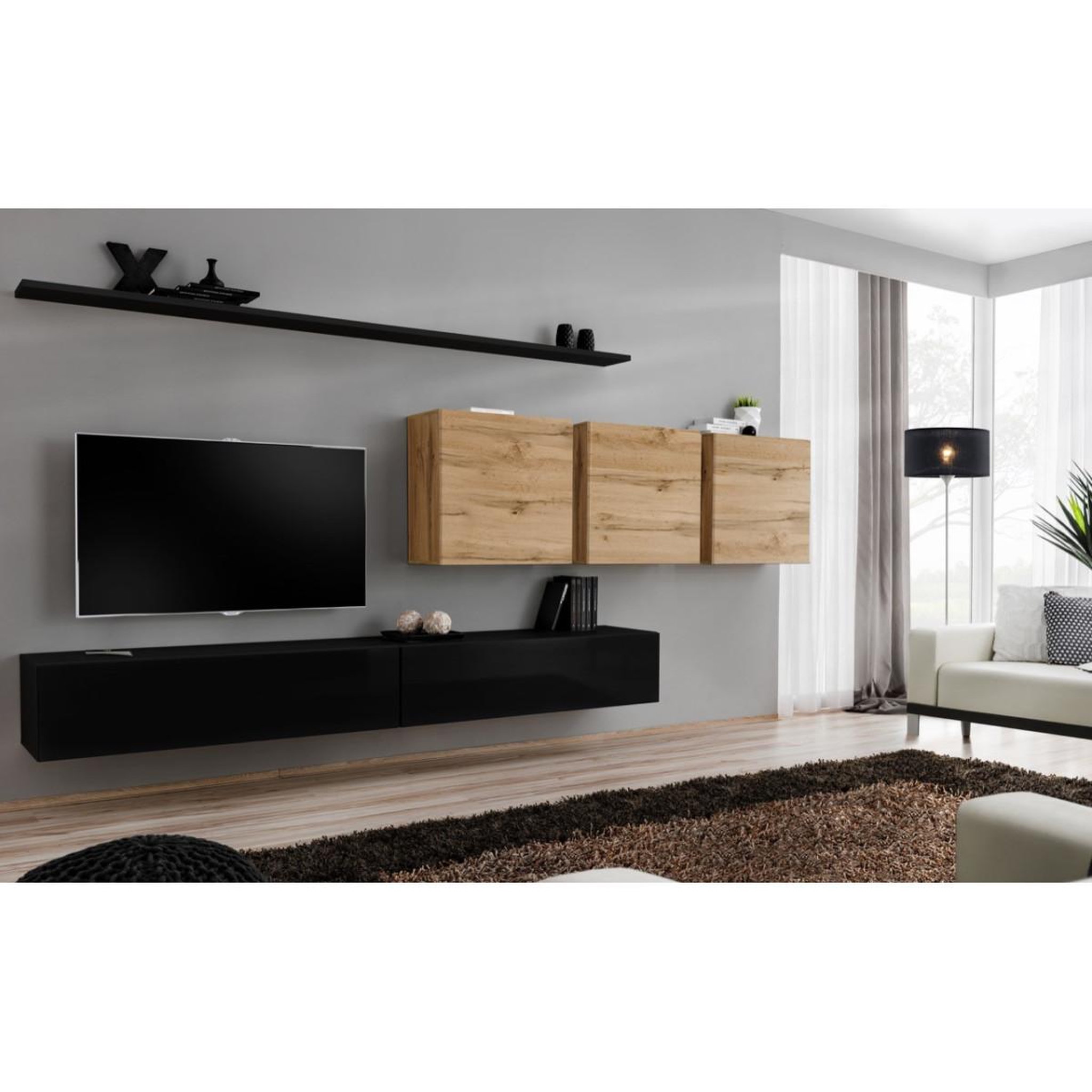 Voir la diapositive 2 : Paris Prix Meuble tv mural design  switch vii  340cm noir & naturel