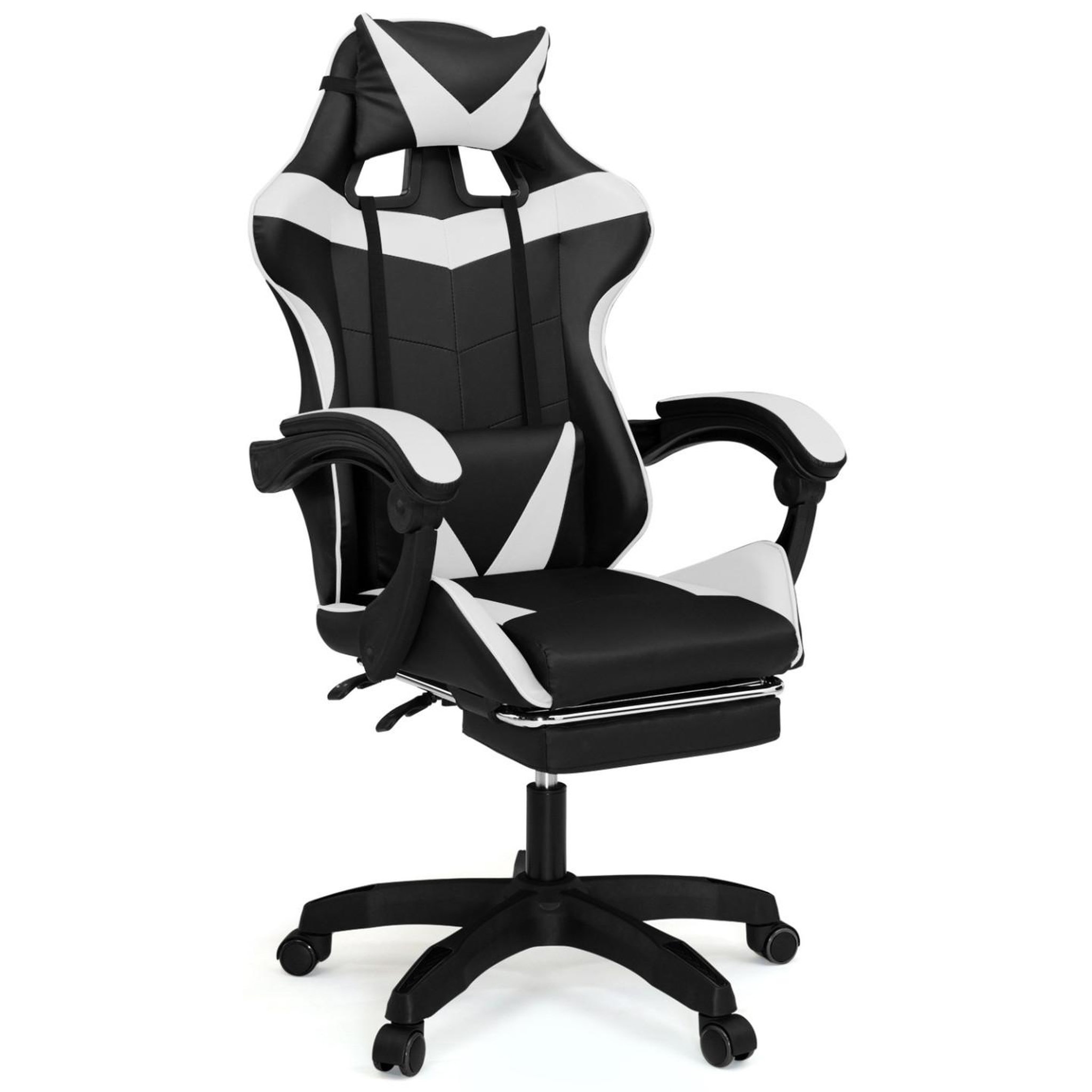 ID MARKET Fauteuil de gaming alex réglable avec repose-pied, coussin de tête et coussin lombaire noir et blanc