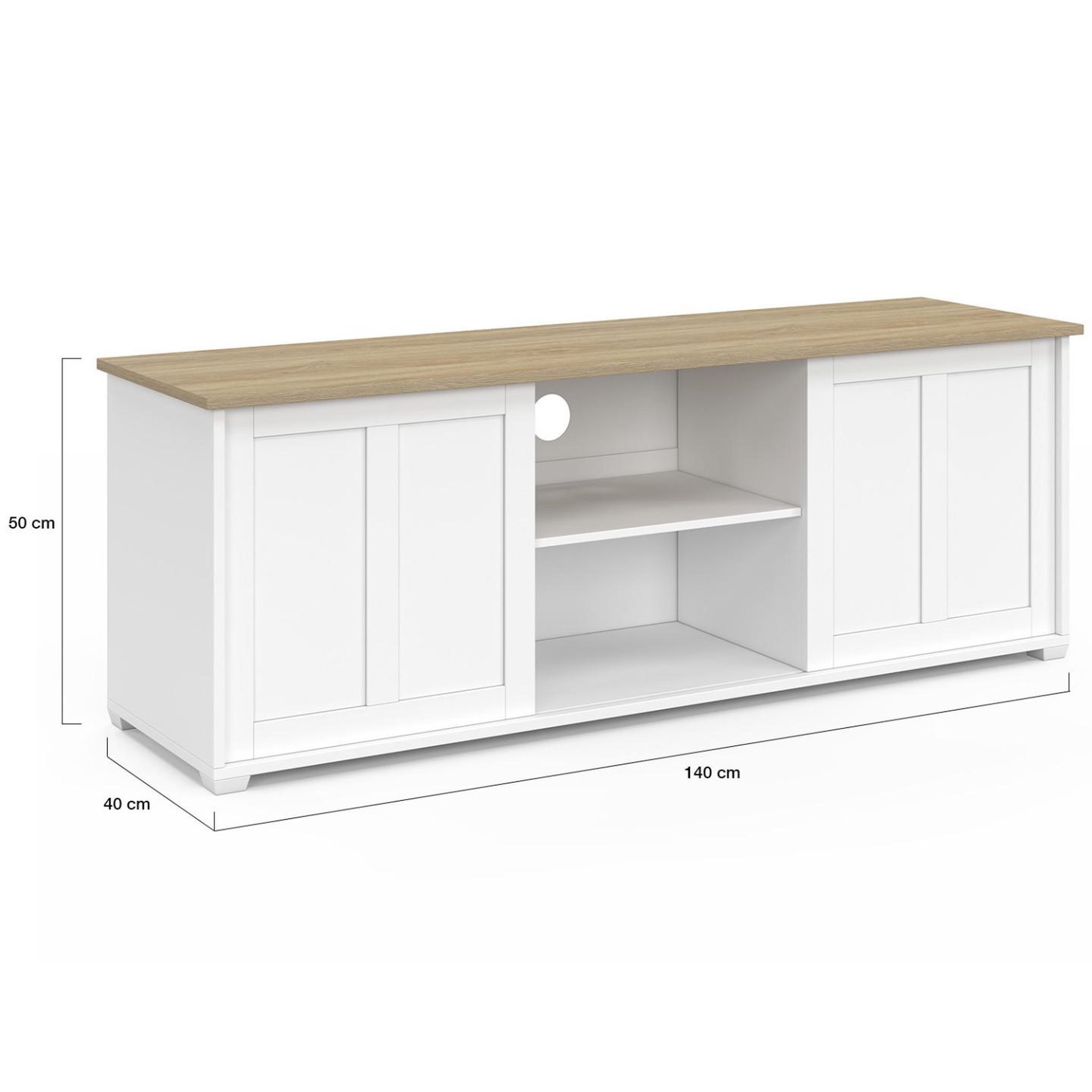 Voir la diapositive 5 : ID MARKET Meuble tv 140 cm  jango 2 portes coulissantes blanc et plateau bois