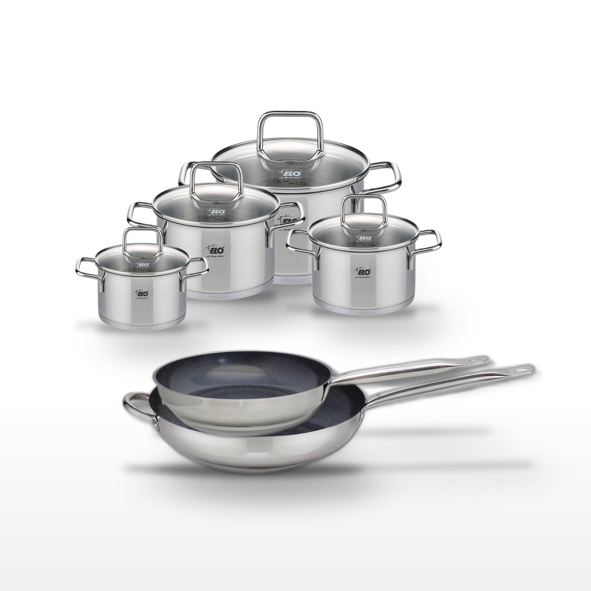 ELO Lot 2 poêles céramiques 28/32 cm elo profi therm platinum et 4 faitouts elo citrin