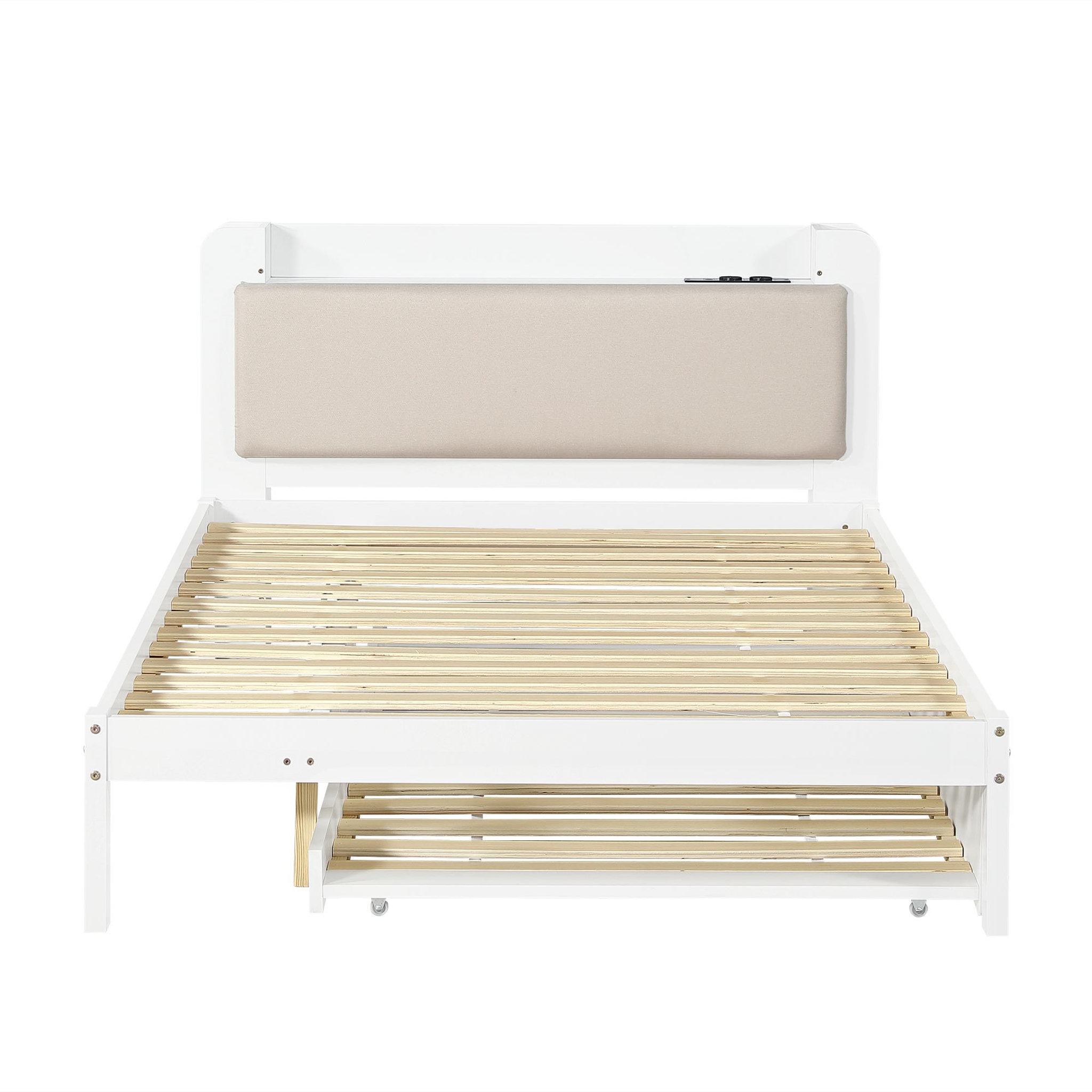 Voir la diapositive 5 : MERAX Lit gigogne 120x200 cm avec lit tiroir 90x190 cm tête de lit rembourrée rangement blanc