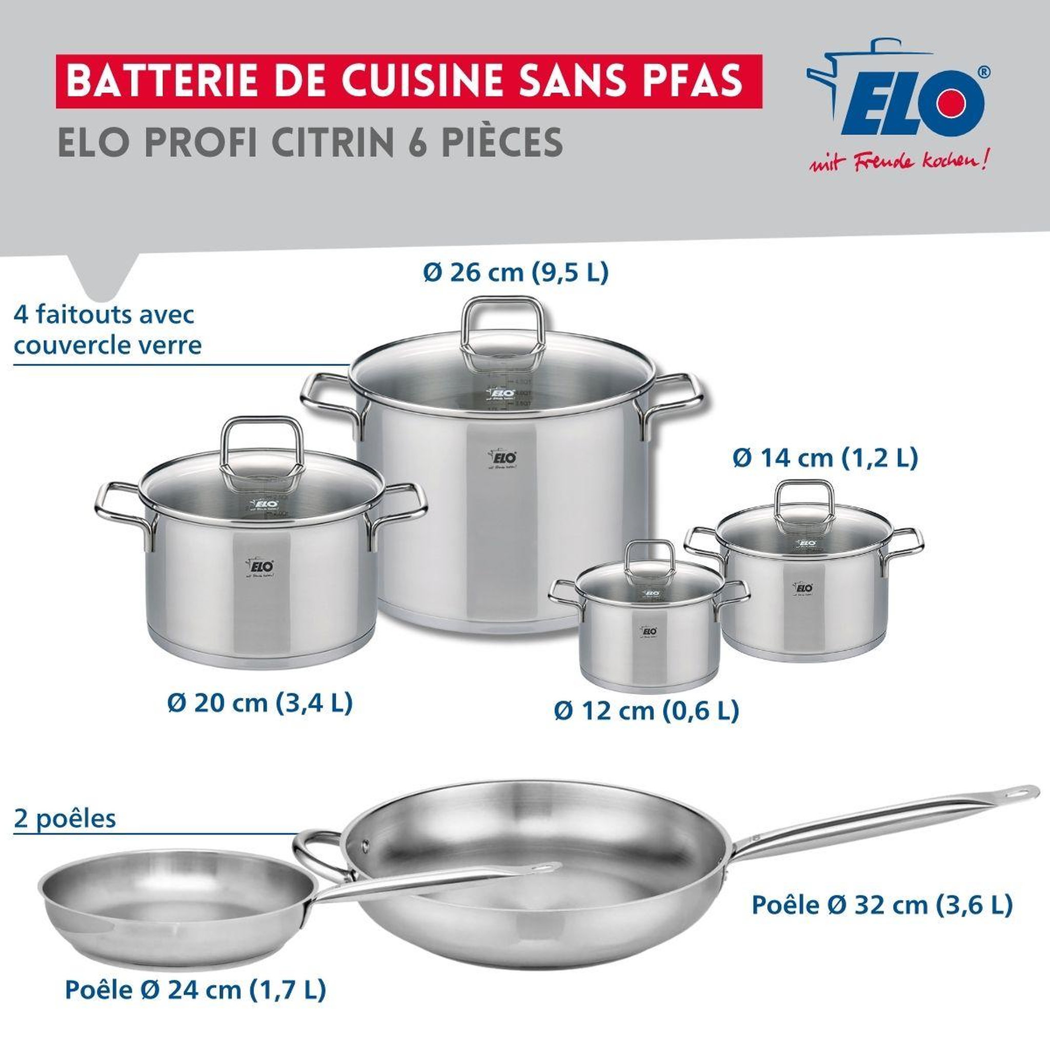 Voir la diapositive 2 : ELO Ensemble de 2 poêles de cuisson 24 et 32 cm et 4 faitouts 12, 14, 20 et 26 cm elo profi citrin