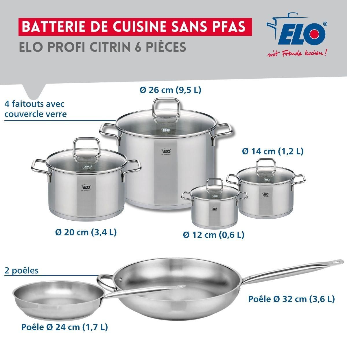 ELO Ensemble de 2 Poêles de cuisson 24 et 32 cm et 4 faitouts 12, 14, 20 et 26 cm Elo Profi Citrin