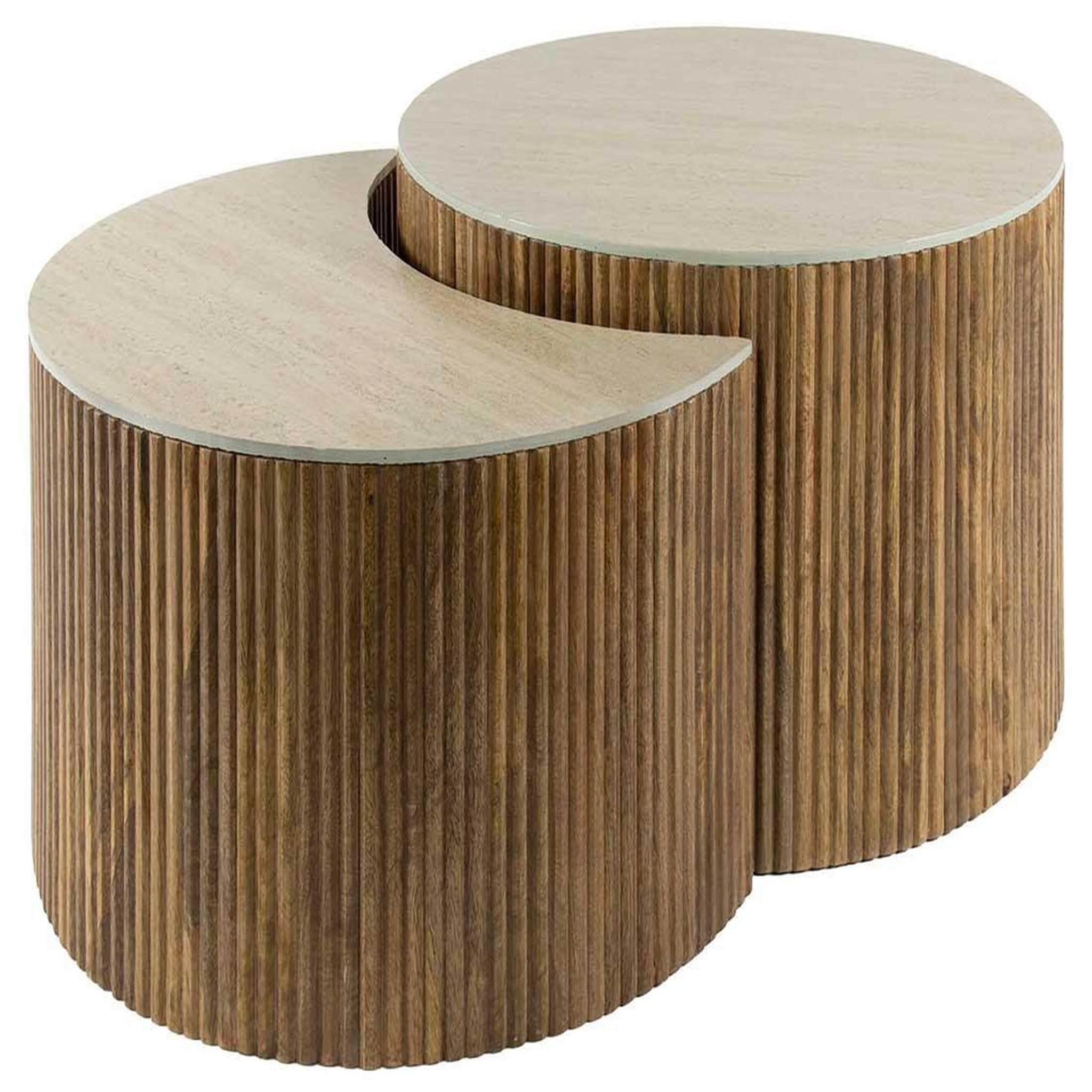 BEST MOBILIER Jade - lot de 2 tables basses gigognes effet travertin - pieds en bois massif de manguier - 60 cm. Coloris disponibles : Marron