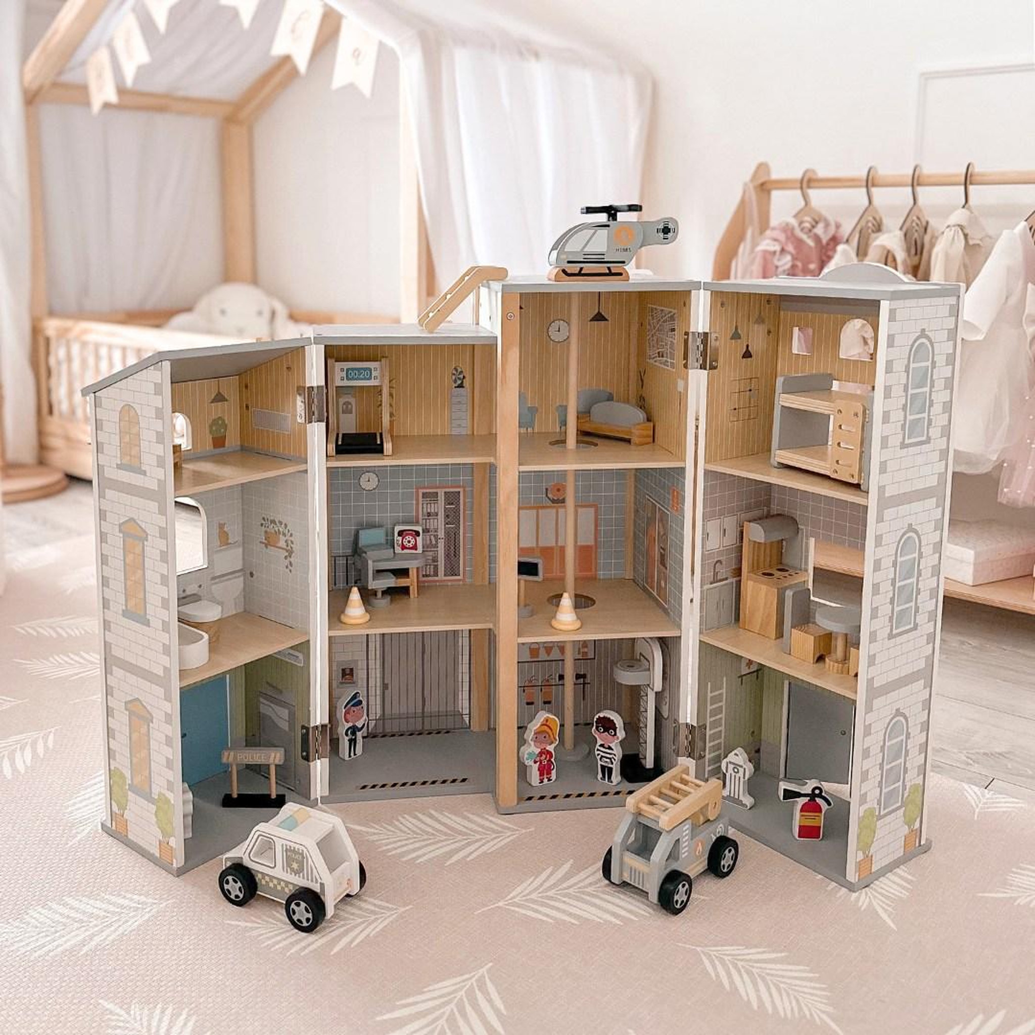 MAMABRUM Jouet de Construction en Bois, Grande Caserne de Pompiers - Poste de Police, 3 étages - 4 Figurines