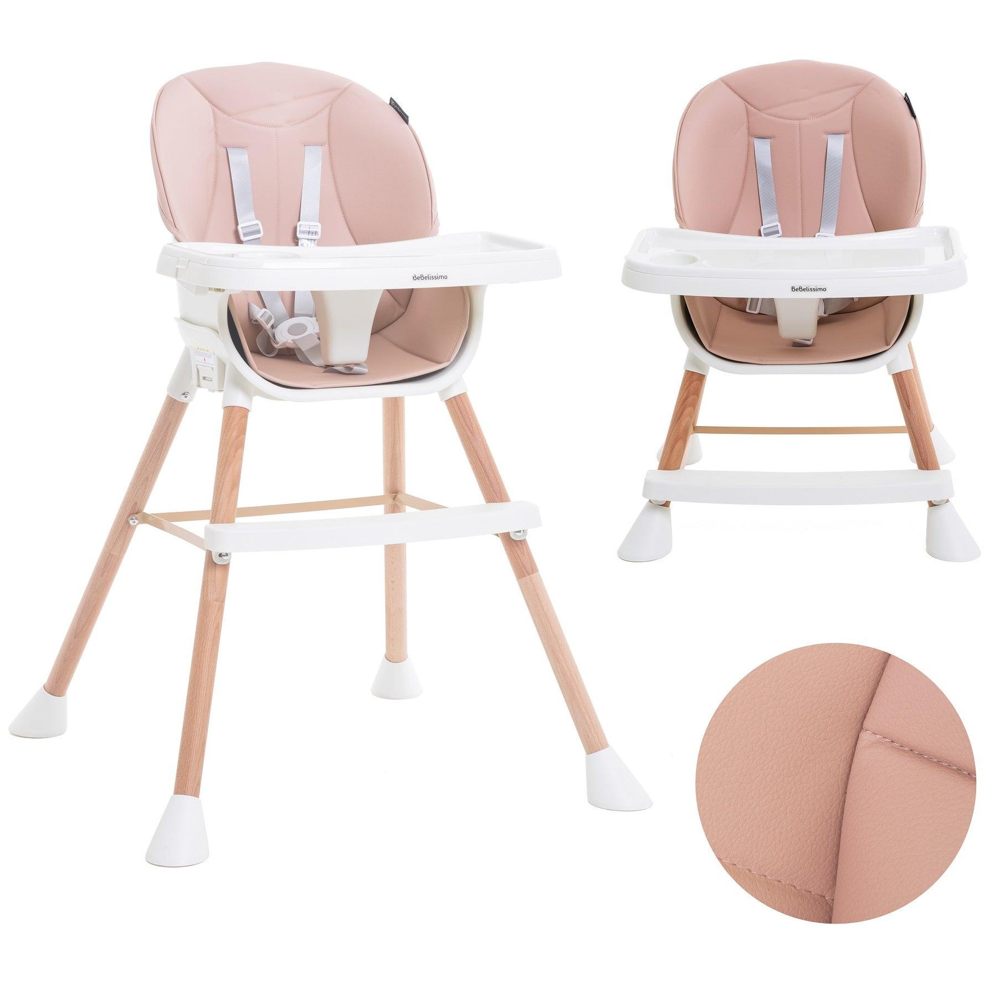 BEBELISSIMO BEBELISSIMO - Chaise Haute Évolutive en Bois - 3 en 1 – 6 mois jusqu'à 5 ans - réhausseur - rose