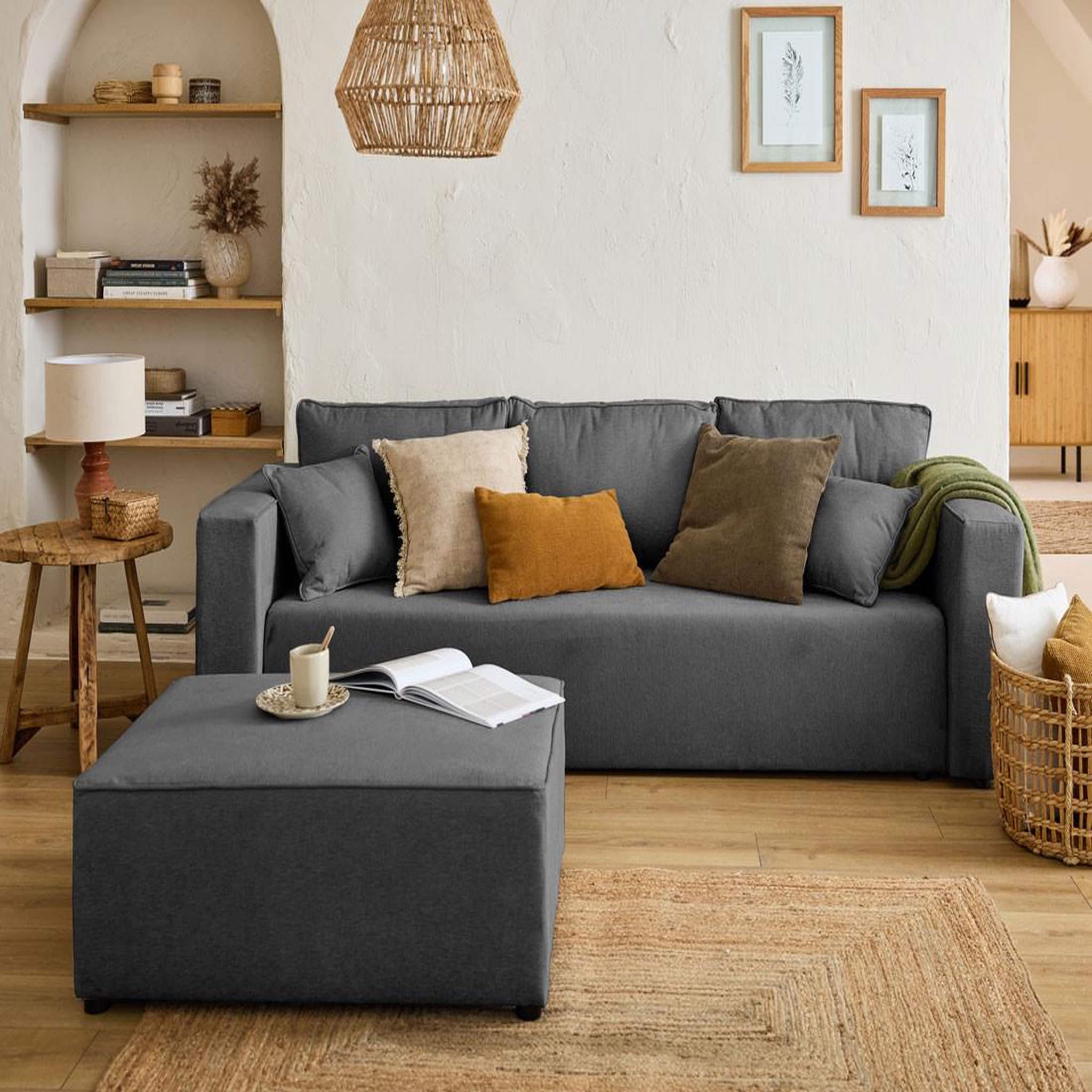 Voir la diapositive 2 : BEST MOBILIER Topaze - canapé 3 places - convertible avec coffre - en tissu