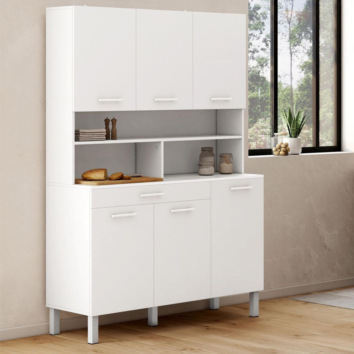 ID MARKET Buffet de cuisine 120 CM CINA 6 portes + tiroir blanc et blanc brillant