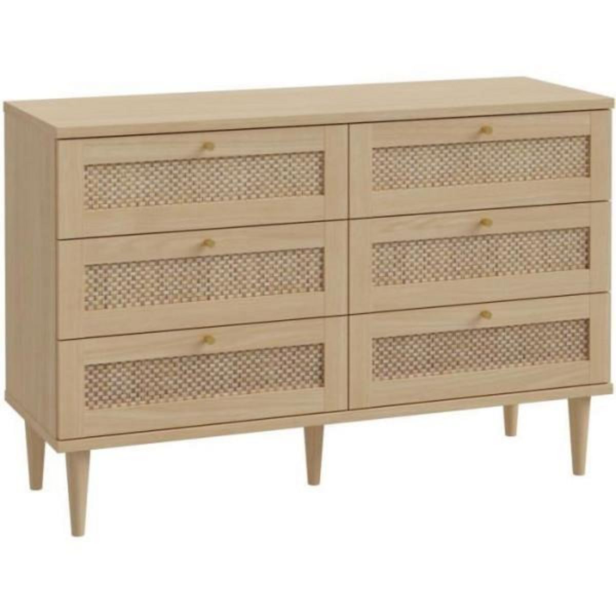 MARKET24 Commode - 6 tiroirs - Décor Chene - Cannage - L120 x P41,4 x H80 cm - CALASETTA