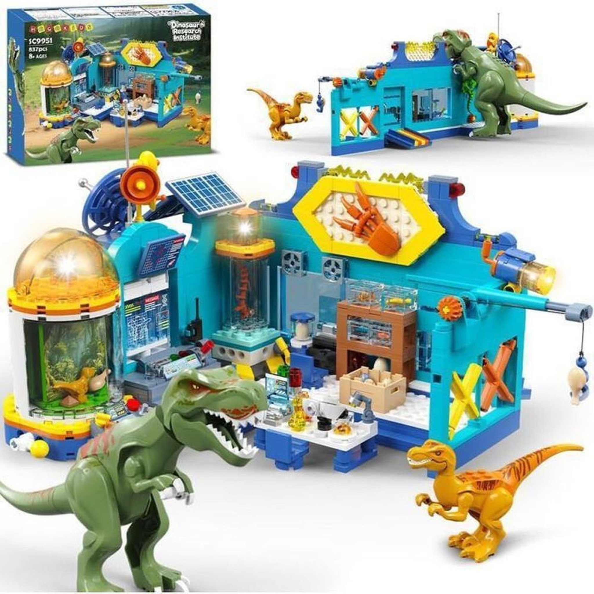 Jeu de construction 2 en 1 Dinosaure avec LED, centre de recherche, 837 pièces et 2 dinos articulés