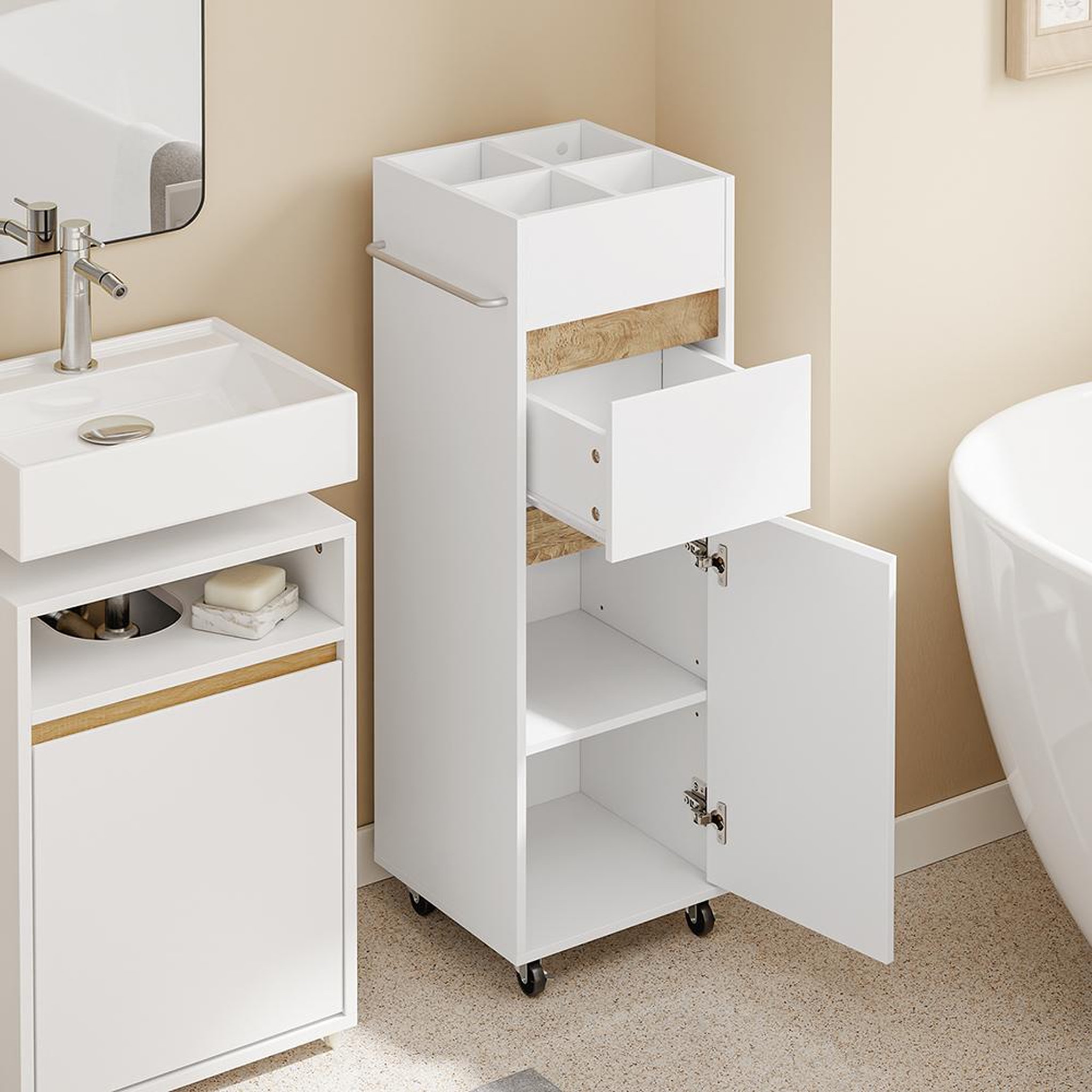 Voir la diapositive 5 : SOBUY Meuble de rangement étroit blanc avec tiroir et porte 33x30x91,5 cm BZR225-WN