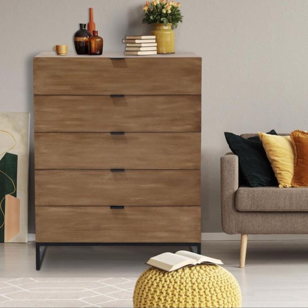 Paris Prix Commode 5 Tiroirs Design  Bolta  115cm Chêne Clair