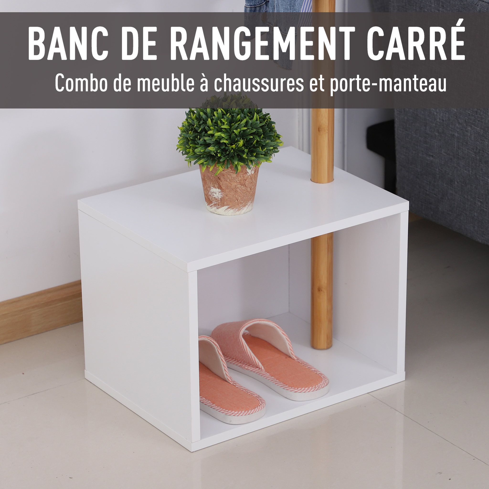 Voir la diapositive 6 : HOMCOM HOMCOM Meuble rangement porte-manteaux 2 en 1 design contemporain cosy dim. 40L x 30l x 180H cm MDF blanc bois massif bambou