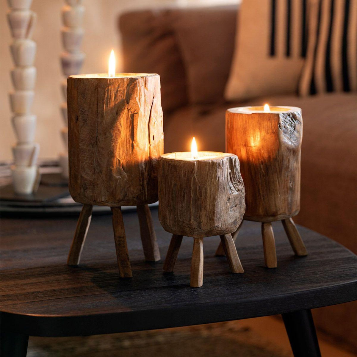 Paris Prix Lot de 3 Bougies en Bois  Trépied  25cm Naturel