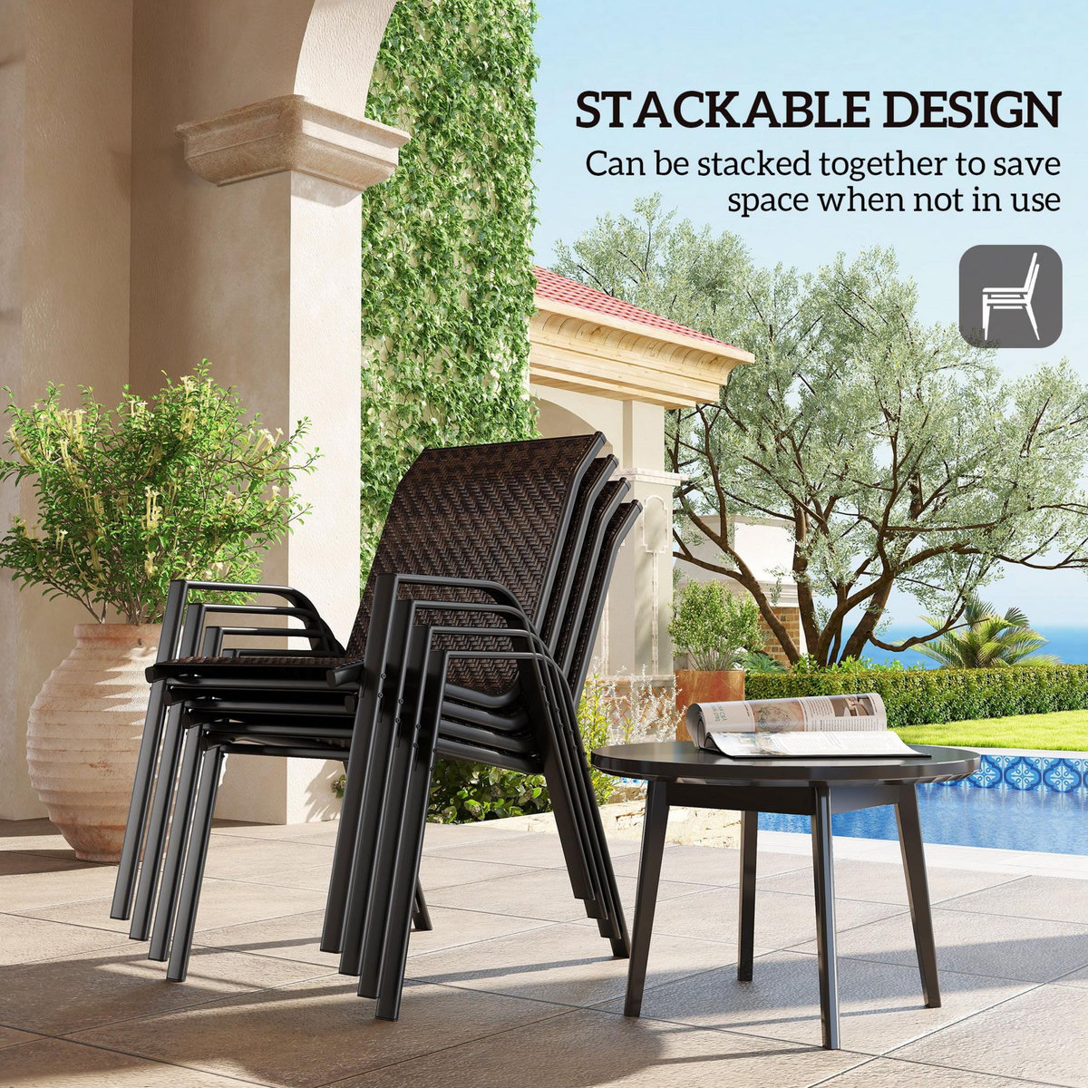 OUTSUNNY Lot de 4 chaises de jardin empilables - accoudoirs - design - acier époxy noir résine tressée marron
