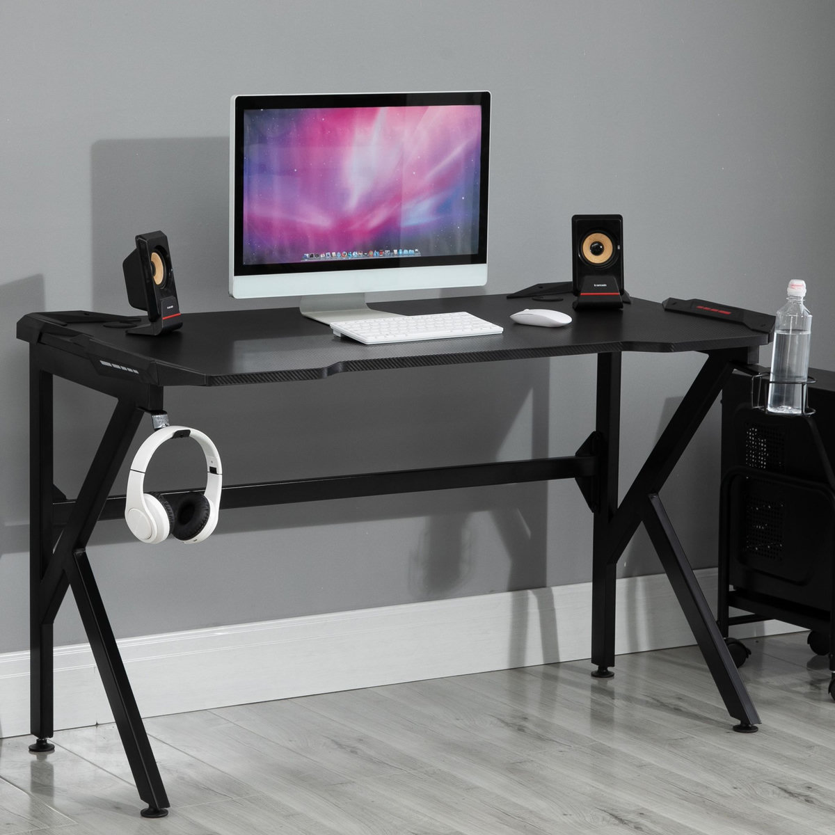 HOMCOM Bureau gaming bureau gamer bureau informatique support casque porte-gobelet passe-câbles inclus métal MDF texture fibre carbone noir