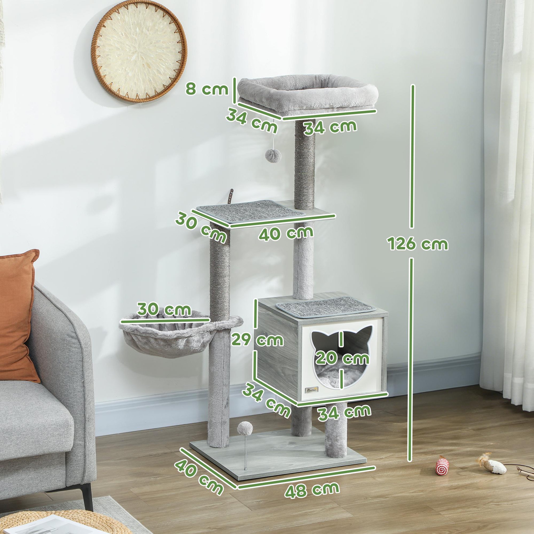 Voir la diapositive 3 : PAWHUT Arbre à chat multi-équipement griffoirs grattoirs niche hamac panier coussins amovibles h126 cm peluche courte sisal naturel gris