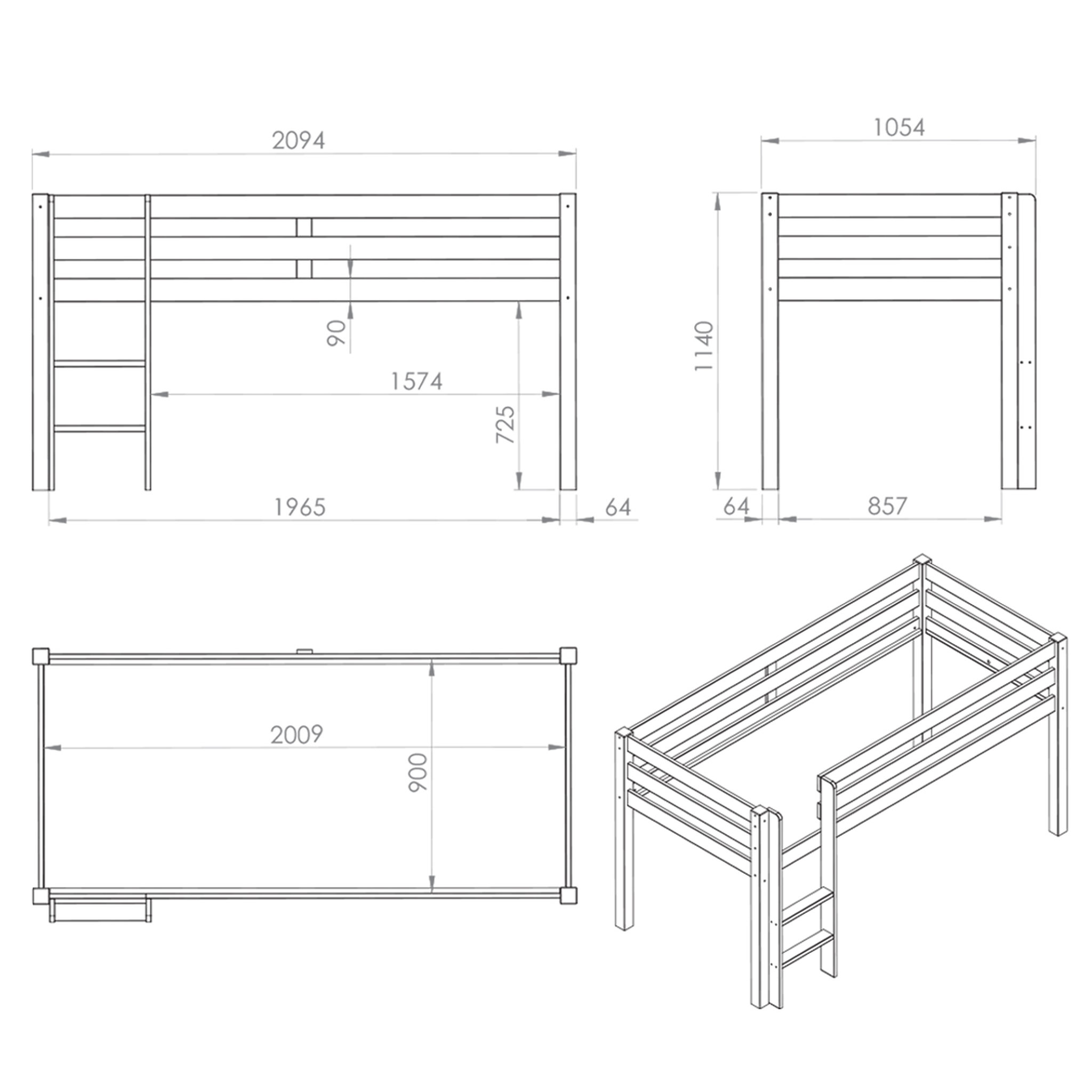 Voir la diapositive 4 : Vipack Lit Mi-Hauteur 90x200 Sommier Inclus Pino - Gris