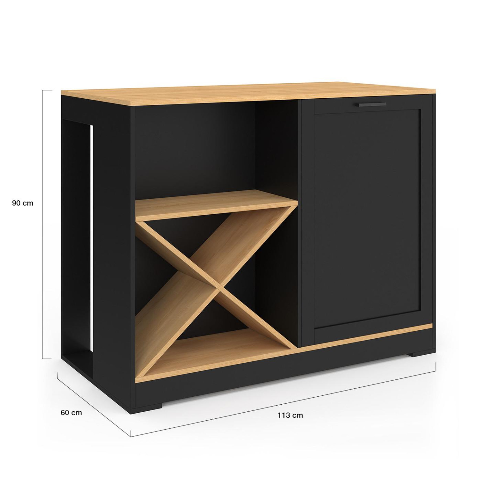 Voir la diapositive 5 : ID MARKET Table de bar îlot vito 113 cm avec range bouteilles bois noir et plateau façon hêtre