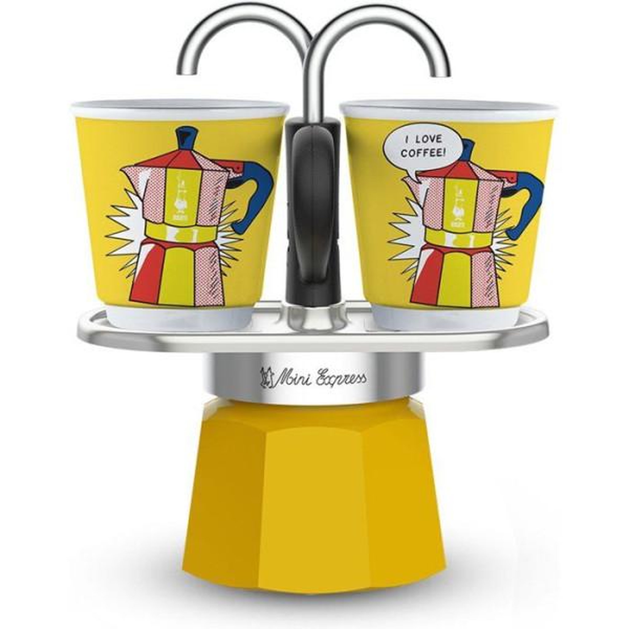 Voir la diapositive 1 : BIALETTI Set cafetiere italienne + 2 tasses - BIALETTI - Mini-express LICHTENSTEIN - 100 ml - Inox / Jaune