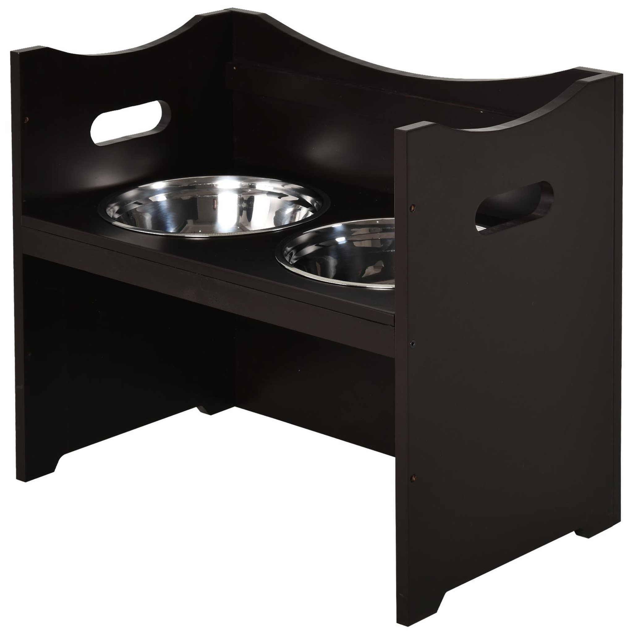 Voir la diapositive 4 : PAWHUT Gamelle double chien chat porte-gamelles surélevé dim. 54L x 31l x 47H cm 2 gamelles acier inox. incluses MDF brun foncé