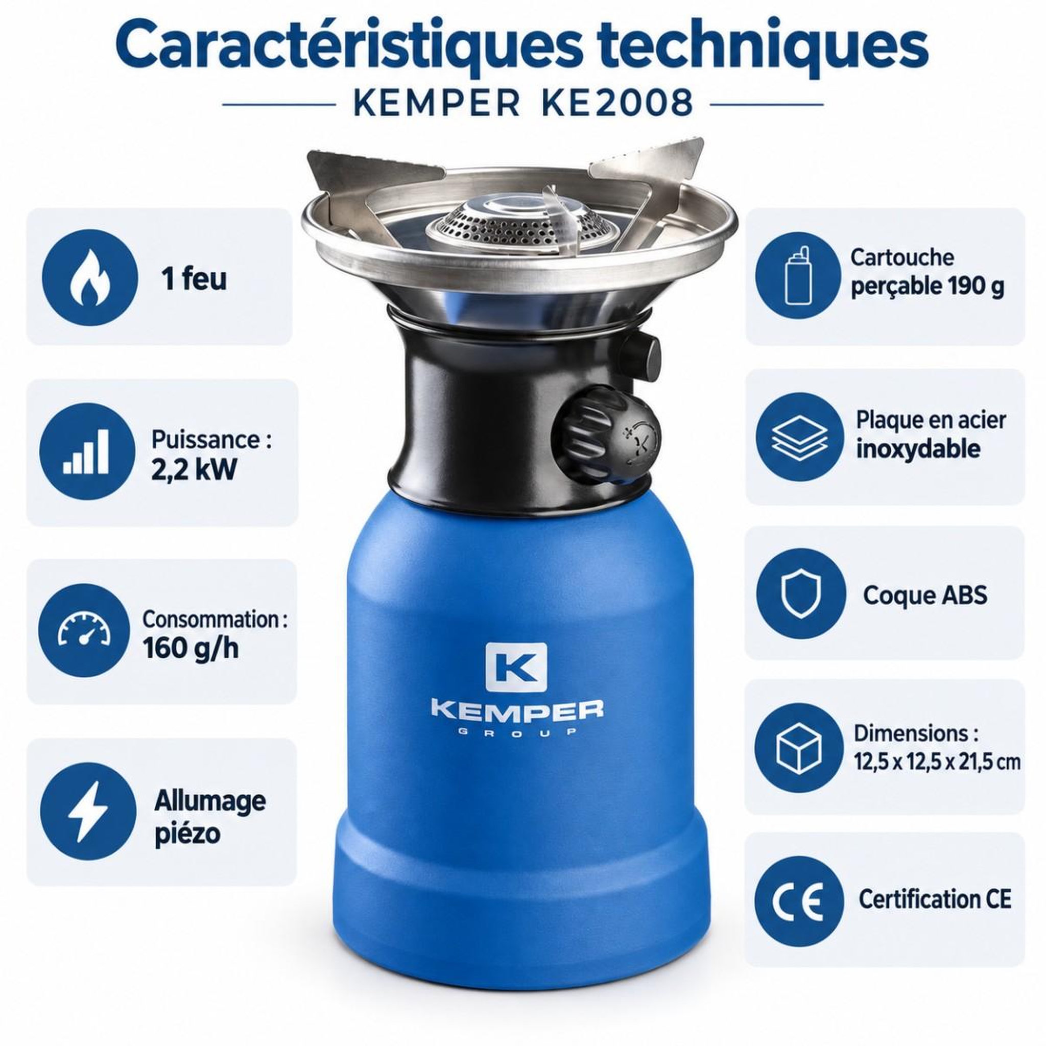 Voir la diapositive 4 : Kemper Réchaud gaz 2200w coque abs piezo + 4 cartouches de gaz 190gr kemper