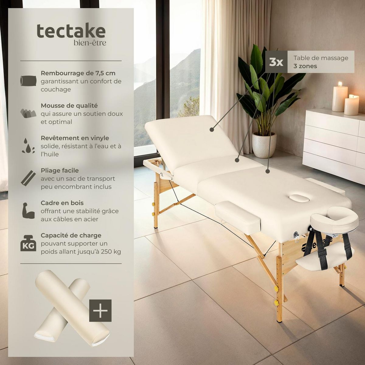 tectake Ensemble de table de massage portable pliante 3 zones largeur 70 cm et rembourrage 7,5 cm beige