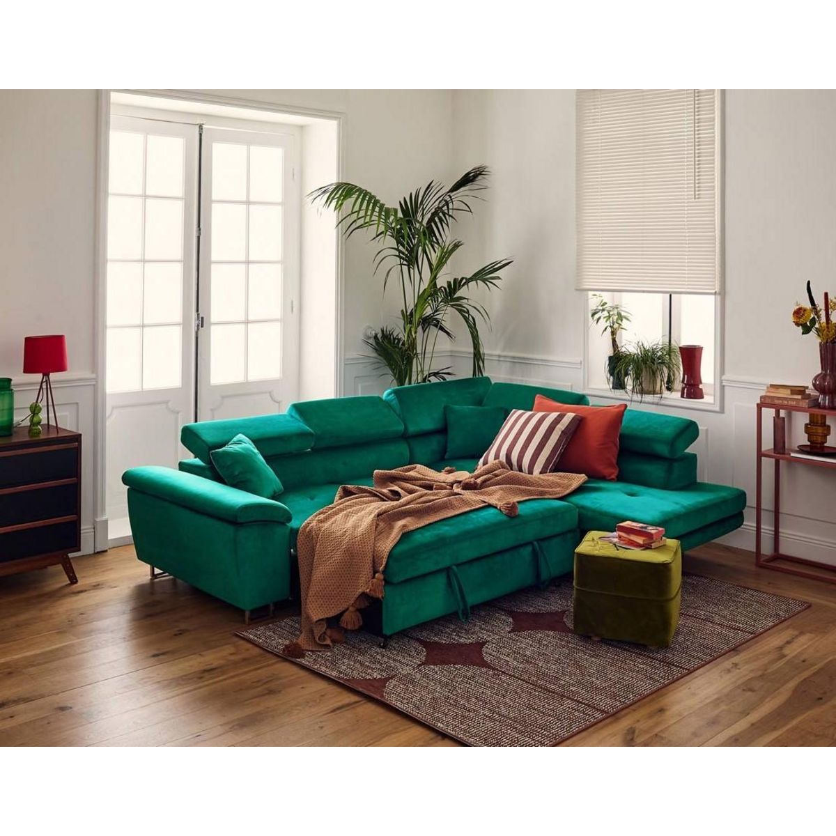 BEST MOBILIER Dimas - canapé d'angle droit 5 places - convertible avec coffre et têtières réglables - en velours