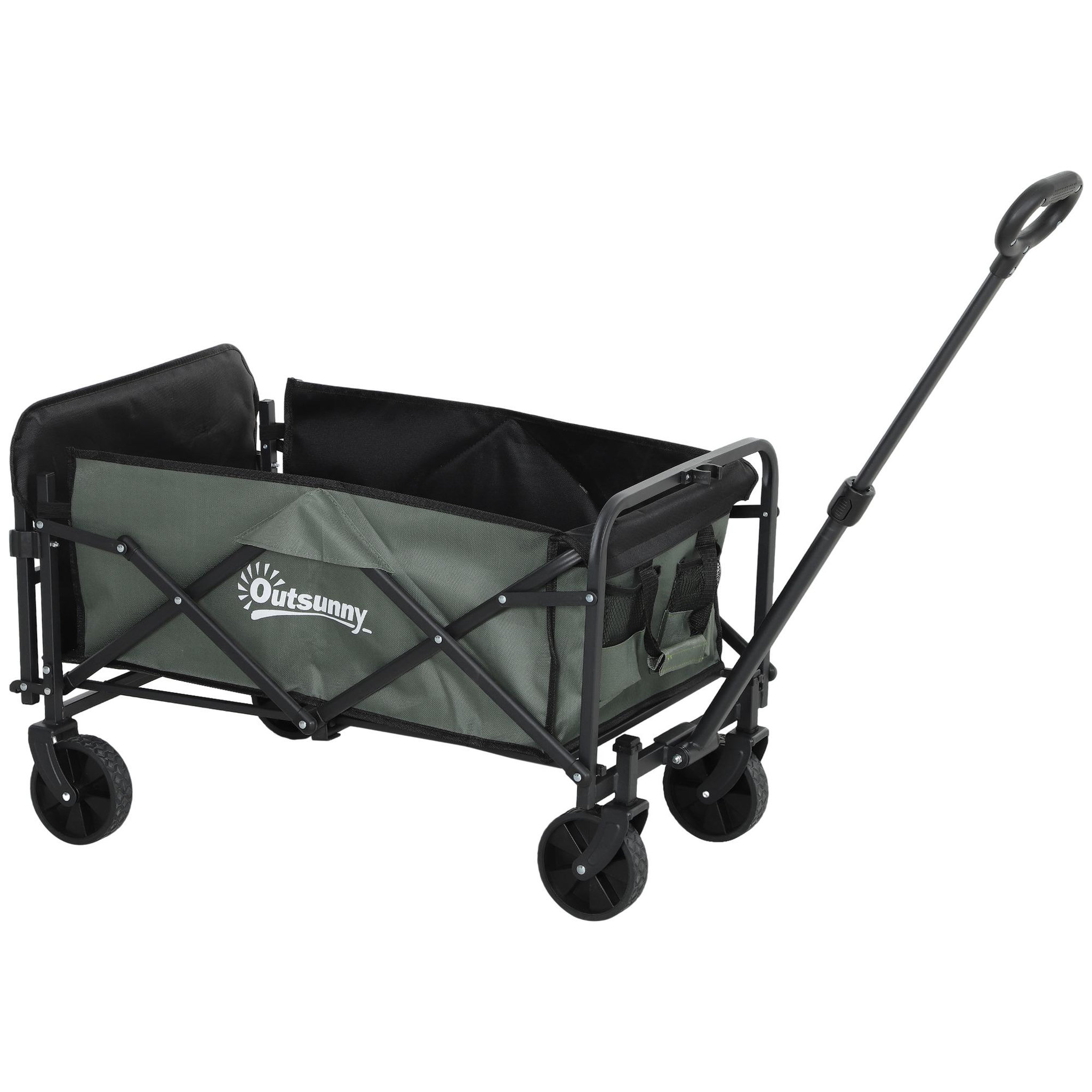 OUTSUNNY Chariot de transport jardin pliable - poignée télescopique, ouverture arrière, pochettes - acier noir tissu kaki