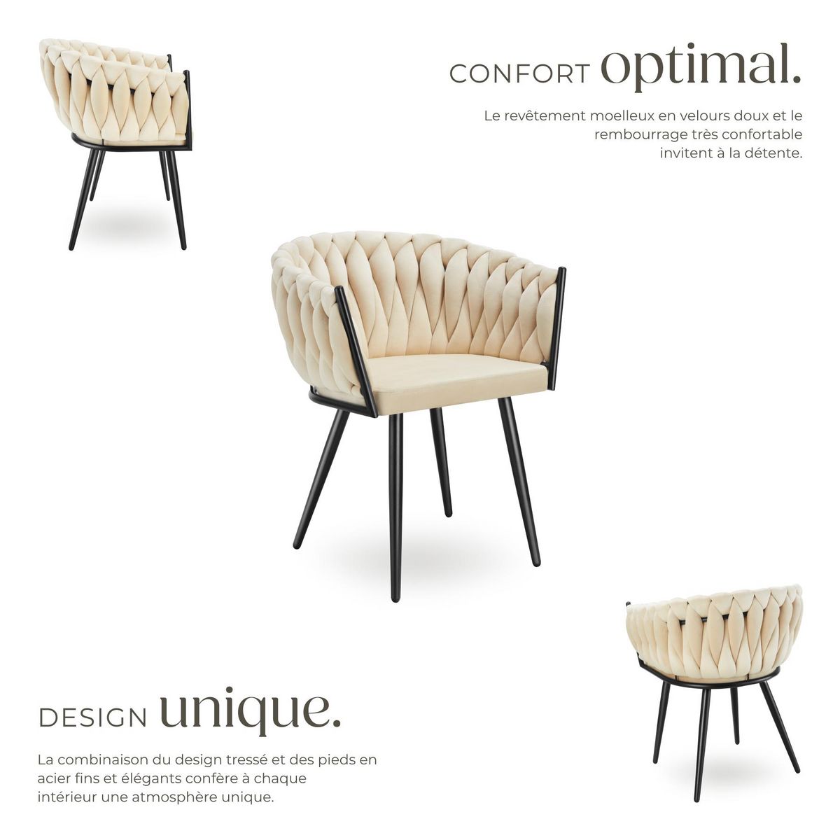 tectake Lot de chaises de salle à manger rembourrée avec revêtement en velours et design noué sable Lot de 6