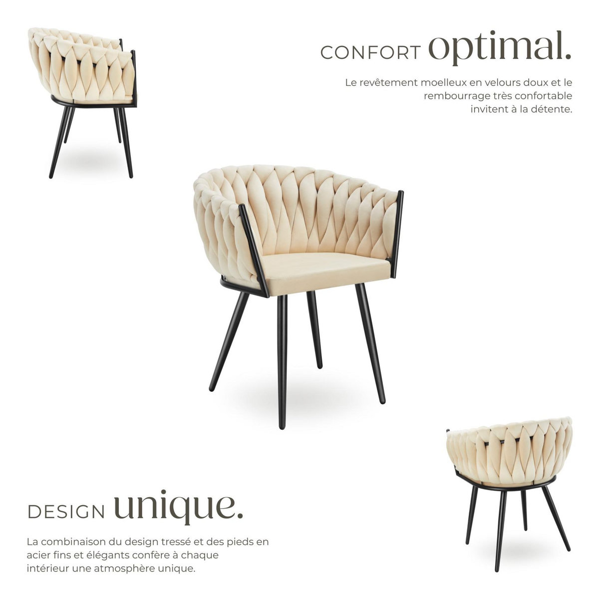 tectake Lot de chaises de salle à manger rembourrée avec revêtement en velours et design noué sable Lot de 6