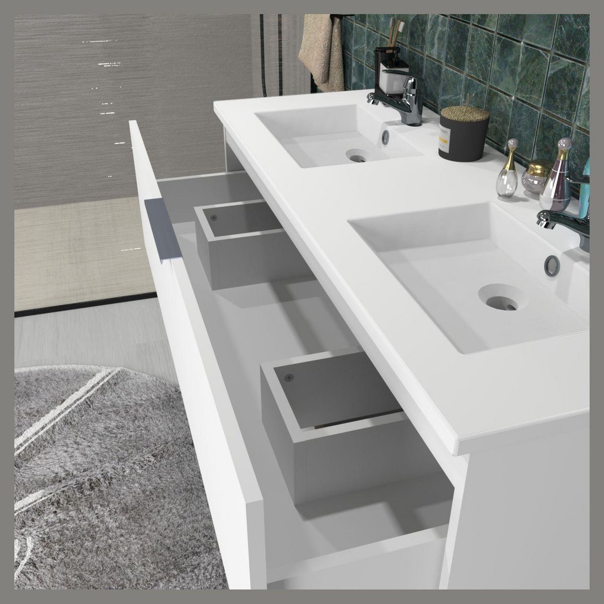 Meuble de salle de bain sous vasque avec double vasque encastrée 2 tiroirs, 120cm FARO blanc