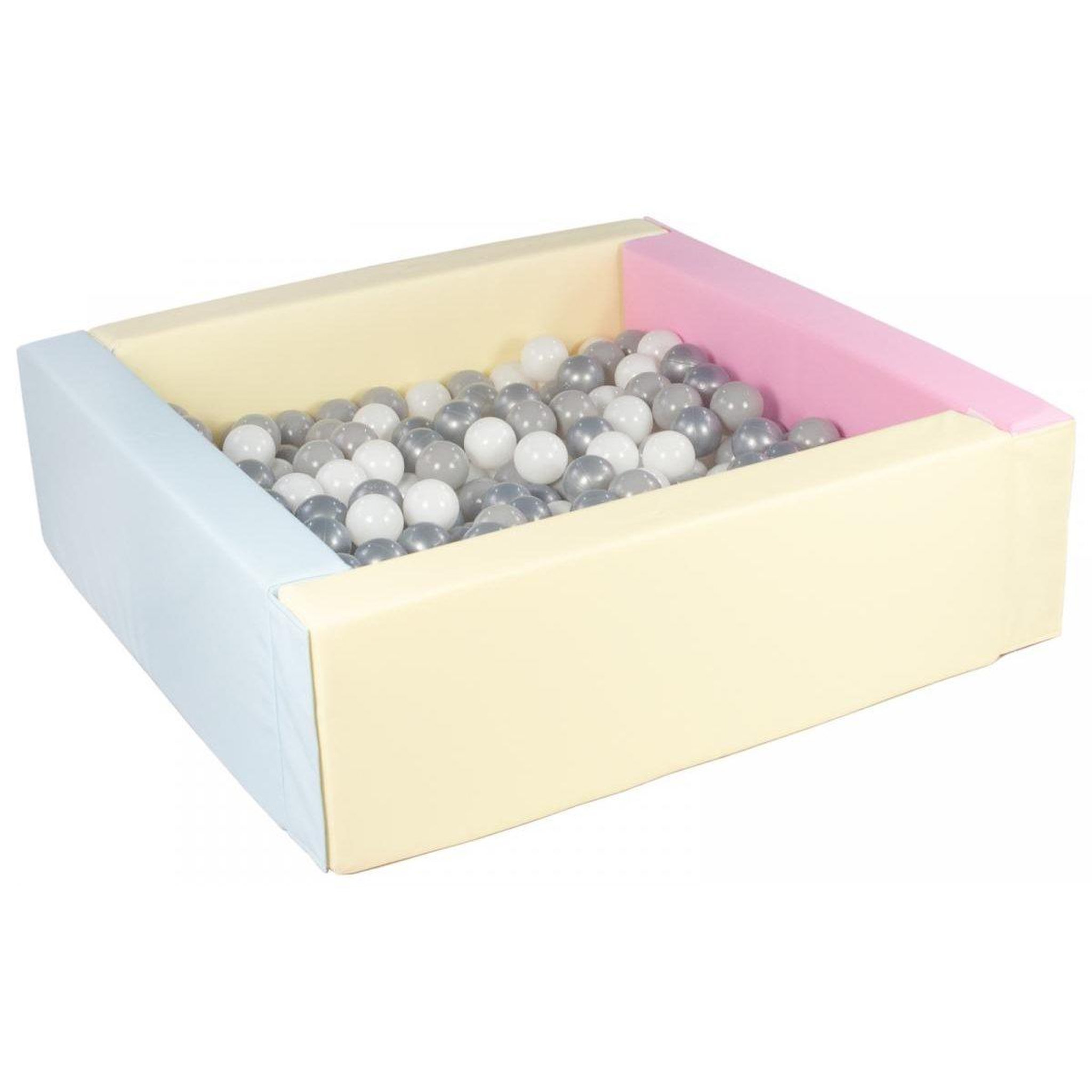 VELINDA Piscine à balles carrée avec 200 balles - rose, bleu, jaune (pastel)/blanc, gris, argent