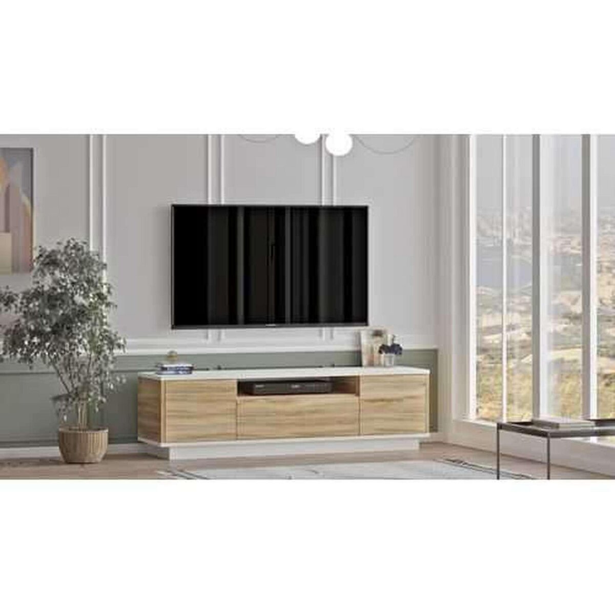 TOILINUX Meuble TV Séville 3 portes et une niche en bois - Blanc et marron