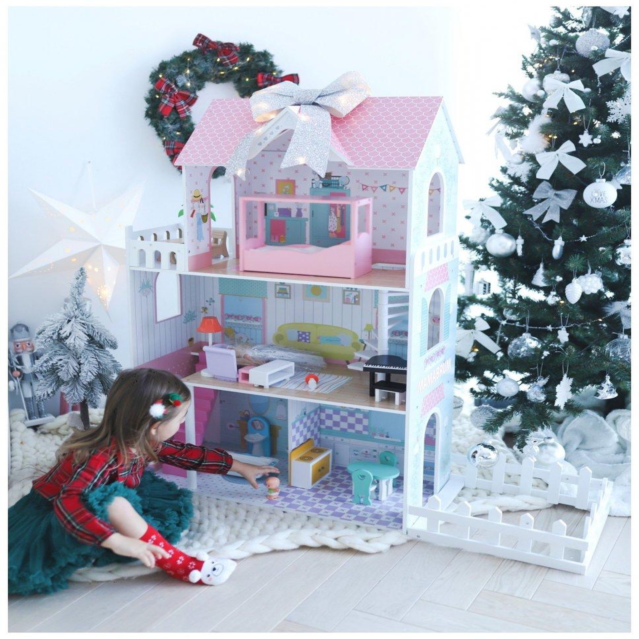 Voir la diapositive 2 : MAMABRUM Grande Maison de Poupées en Bois pour Enfants, Éclairage LED, 3 Étages, Terrasse, Jardin