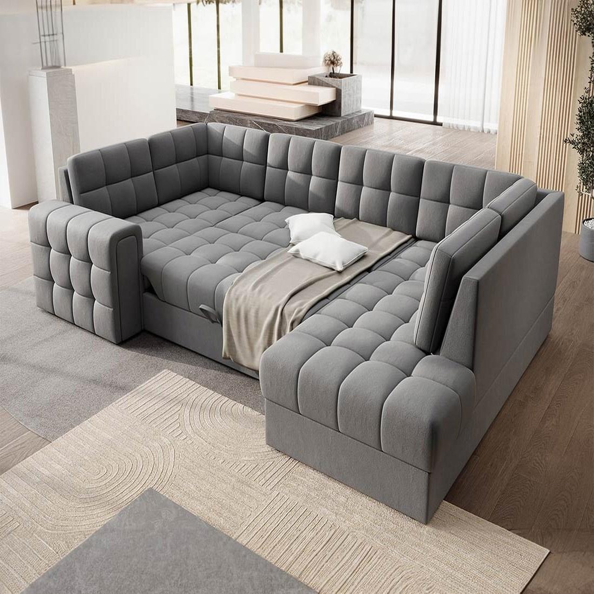 Voir la diapositive 2 : BEST MOBILIER Nappa - canapé panoramique d'angle gauche 7 places convertible avec coffre en velours