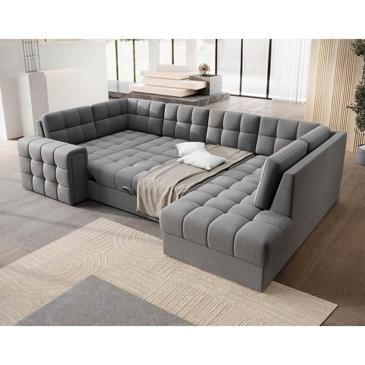 BEST MOBILIER Nappa - canapé panoramique d'angle gauche 7 places convertible avec coffre en velours