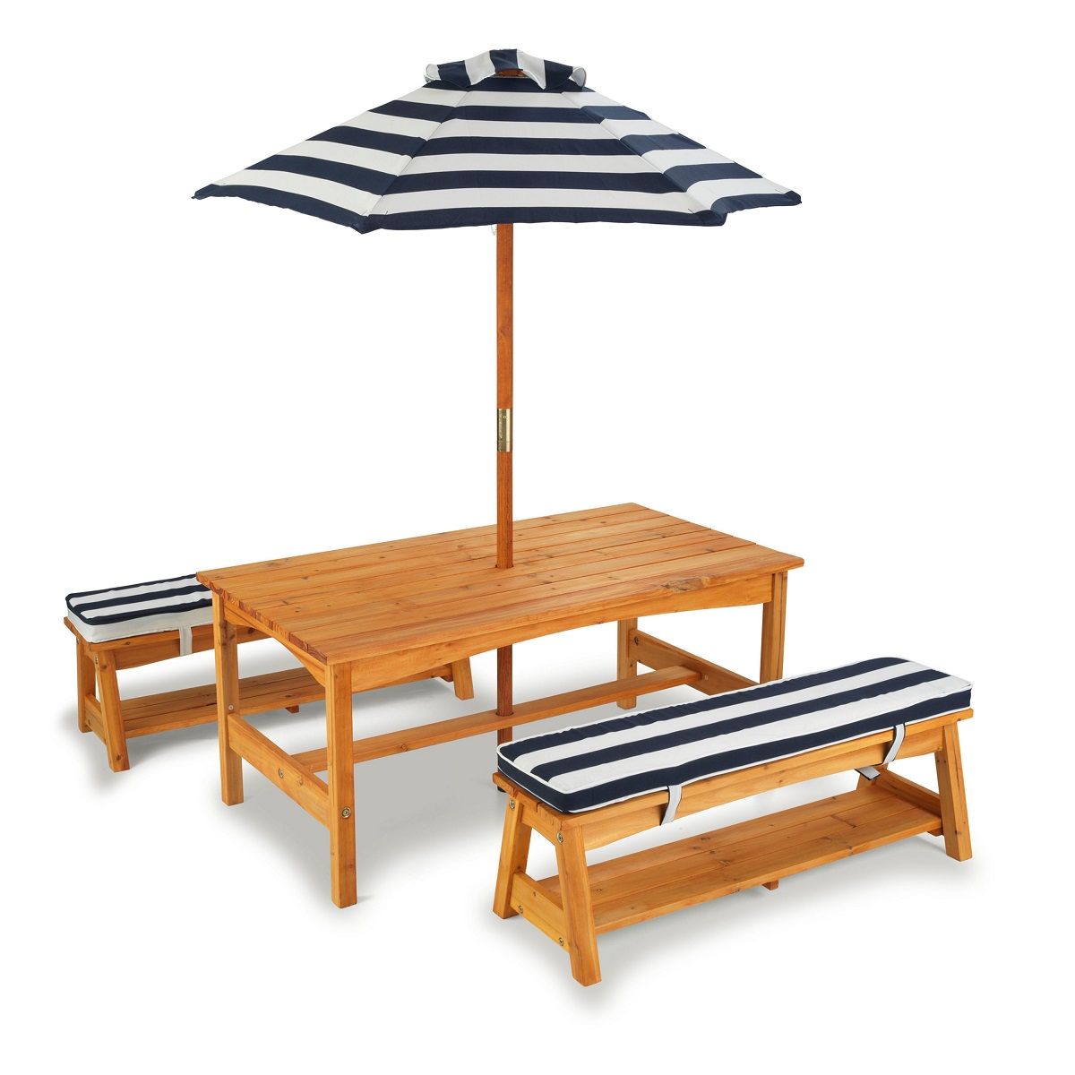 Kidkraft Table et bancs de jardin enfant - Rayé bleu et blanc - Coussins et parasol