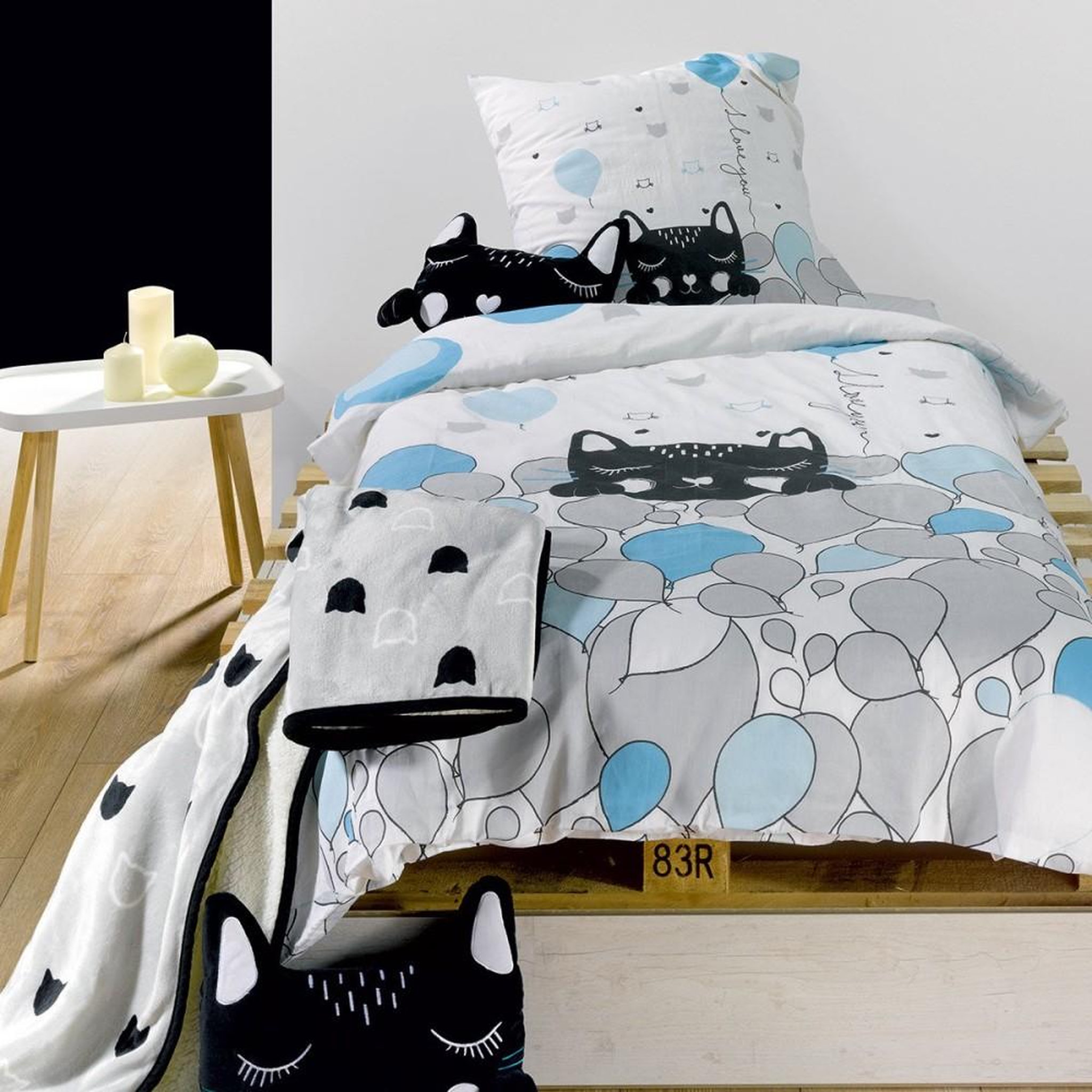 Voir la diapositive 3 : ATELIER DU COTON Housse de couette 140x200 Pussycat blue + taie 100% coton