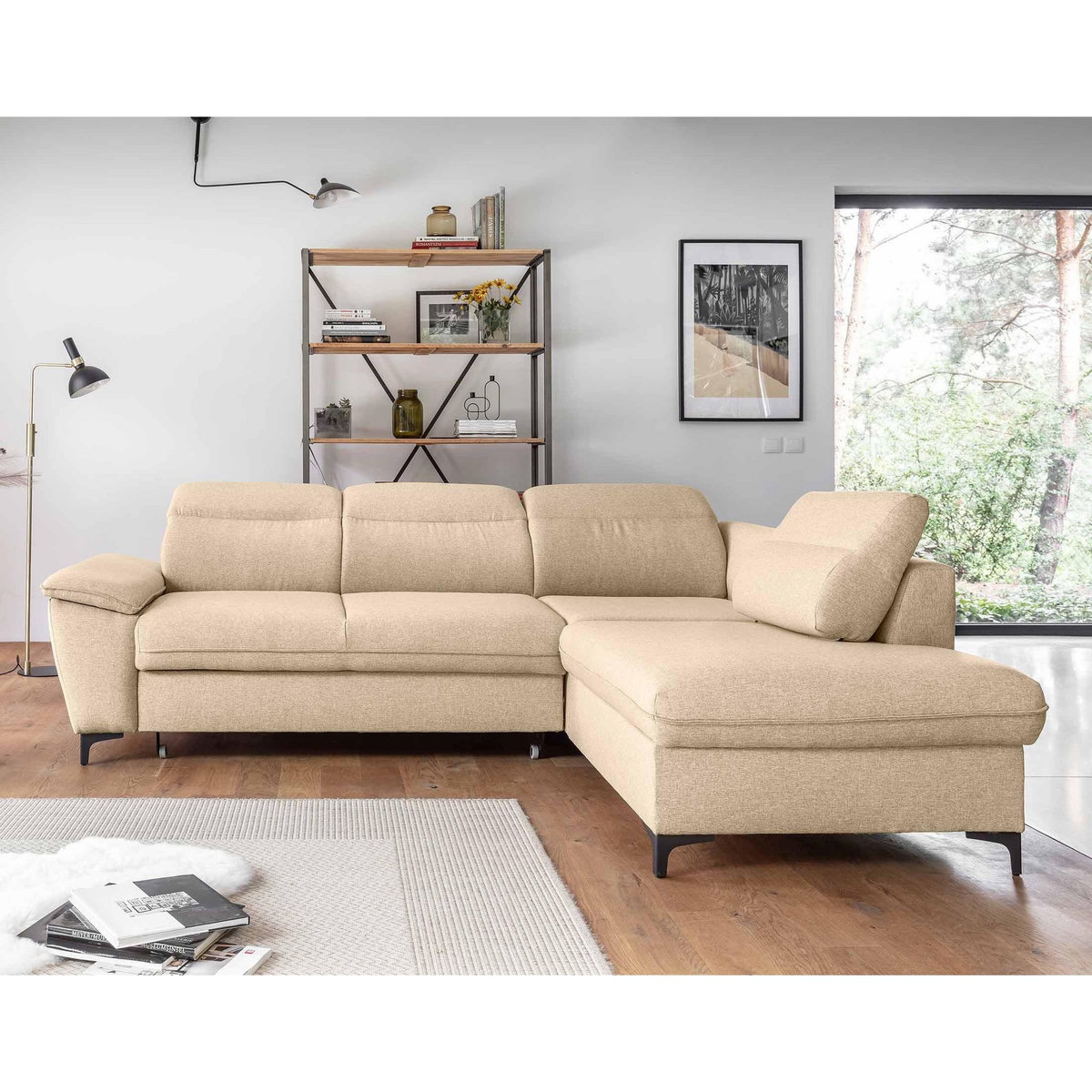 BEST MOBILIER Clever - canapé d'angle droit - 5 places - convertible avec coffre et têtières - en tissu