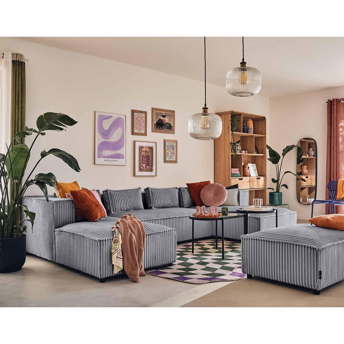 LISA DESIGN Stella - canapé panoramique en u - 7 places - en velours côtelé grosses côtes