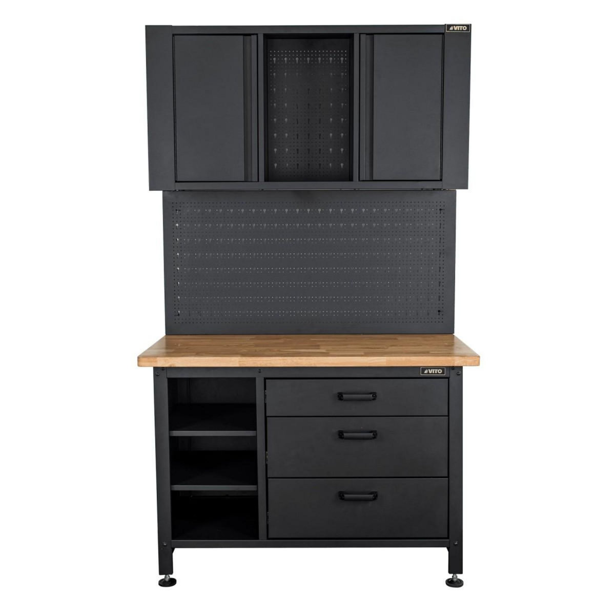 VITO Etabli d'Atelier Garage avec Armoire de Rangement - Plan de travail Bois 2 Armoires 3 tiroirs Panneau perforé Charge 500kg VITO