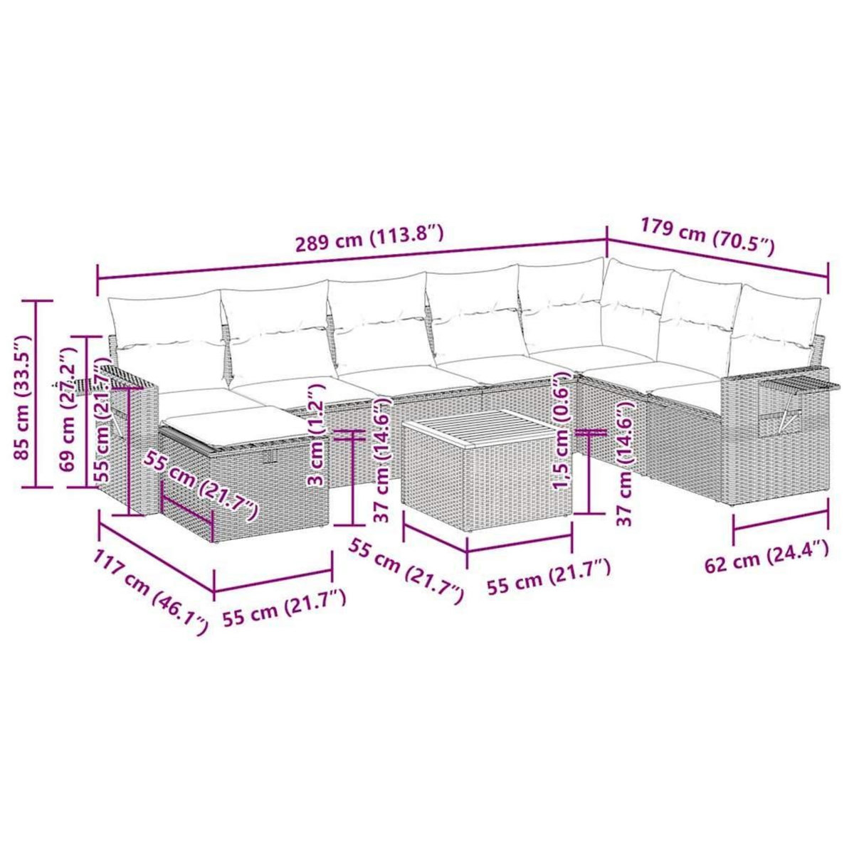 VIDAXL Salon de jardin 9 pcs avec coussins noir resine tressee