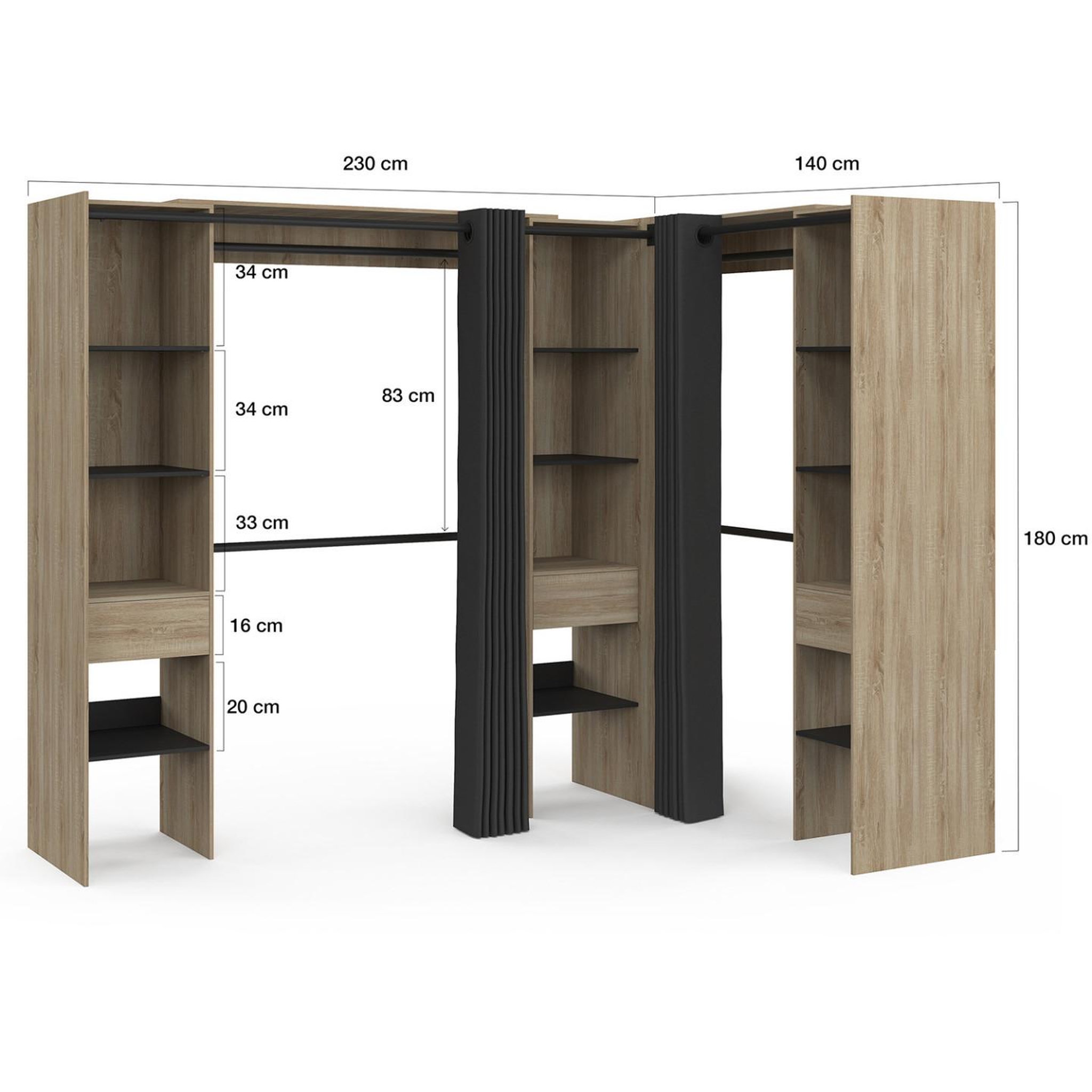 Voir la diapositive 4 : ID MARKET Dressing extensible d'angle marlon 230 x 140 x 180 cm hêtre avec penderies + étagères + rideaux noirs