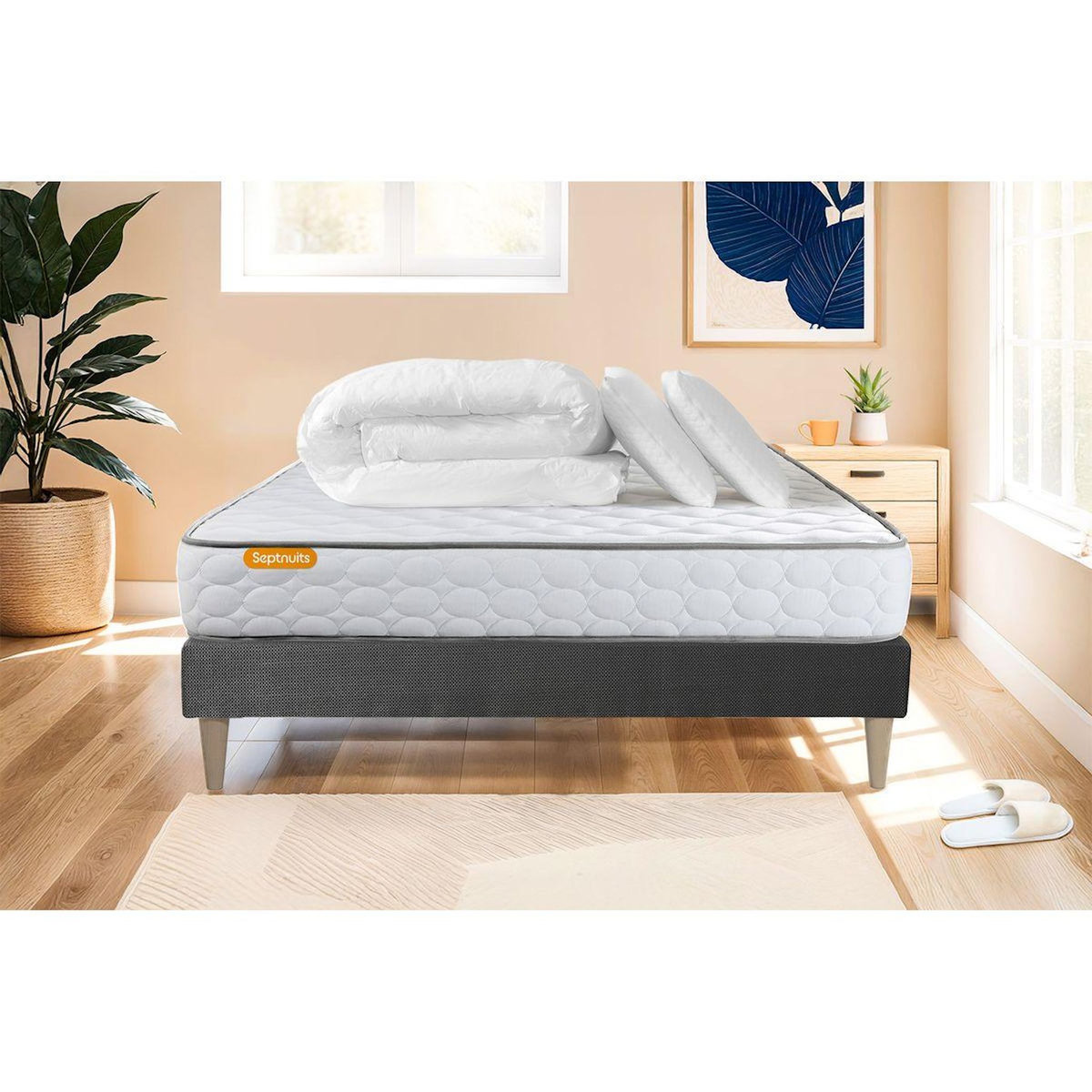 SEPTNUITS Pack matelas Memo + sommier gris + 2 oreillers mémoire de forme