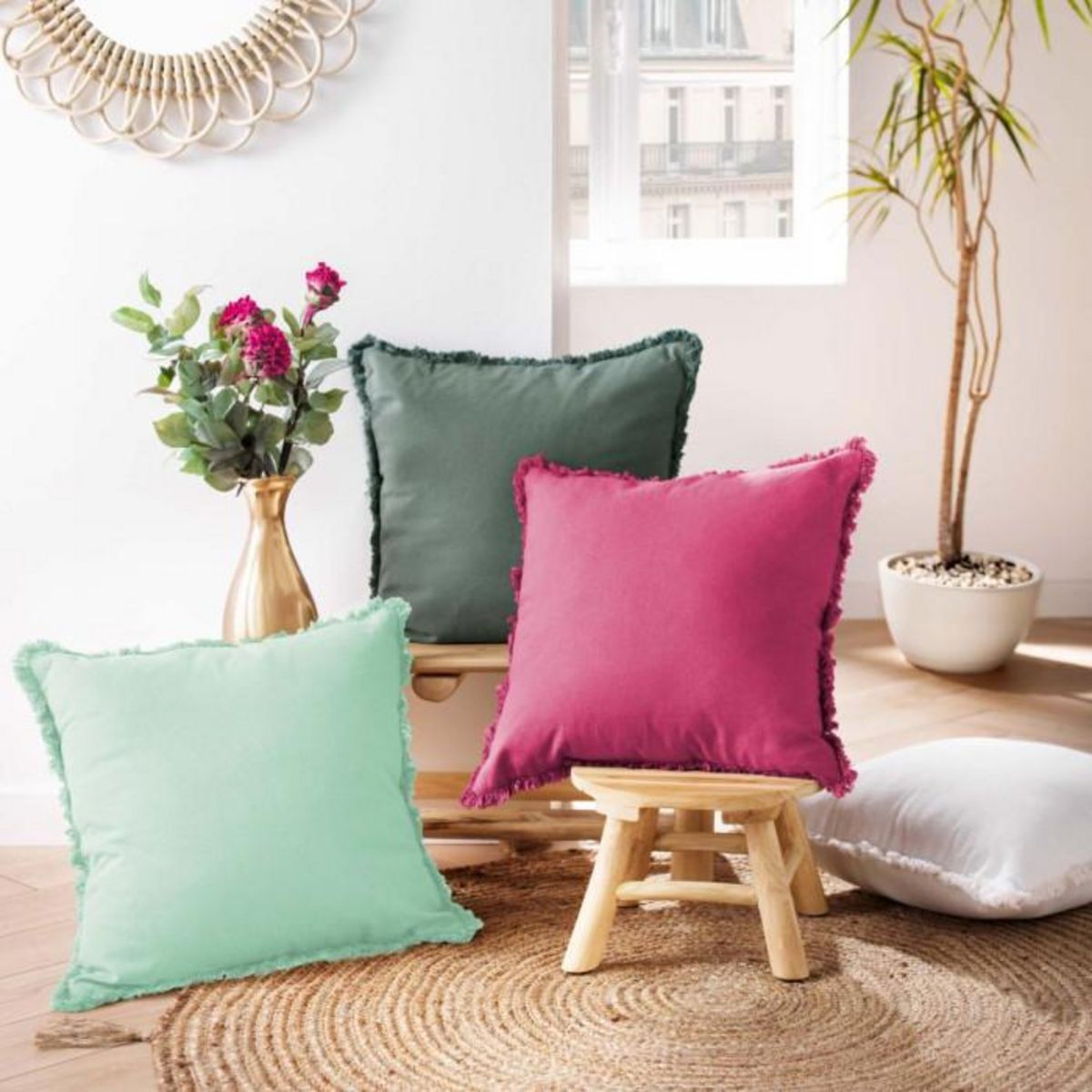 Paris Prix Coussin Déco Uni Franges  Eve  45x45cm Rose