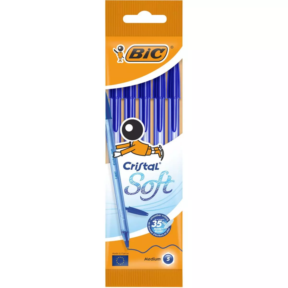 BIC Lot de 5 stylos bille pointe moyenne bleu CRISTAL SOFT