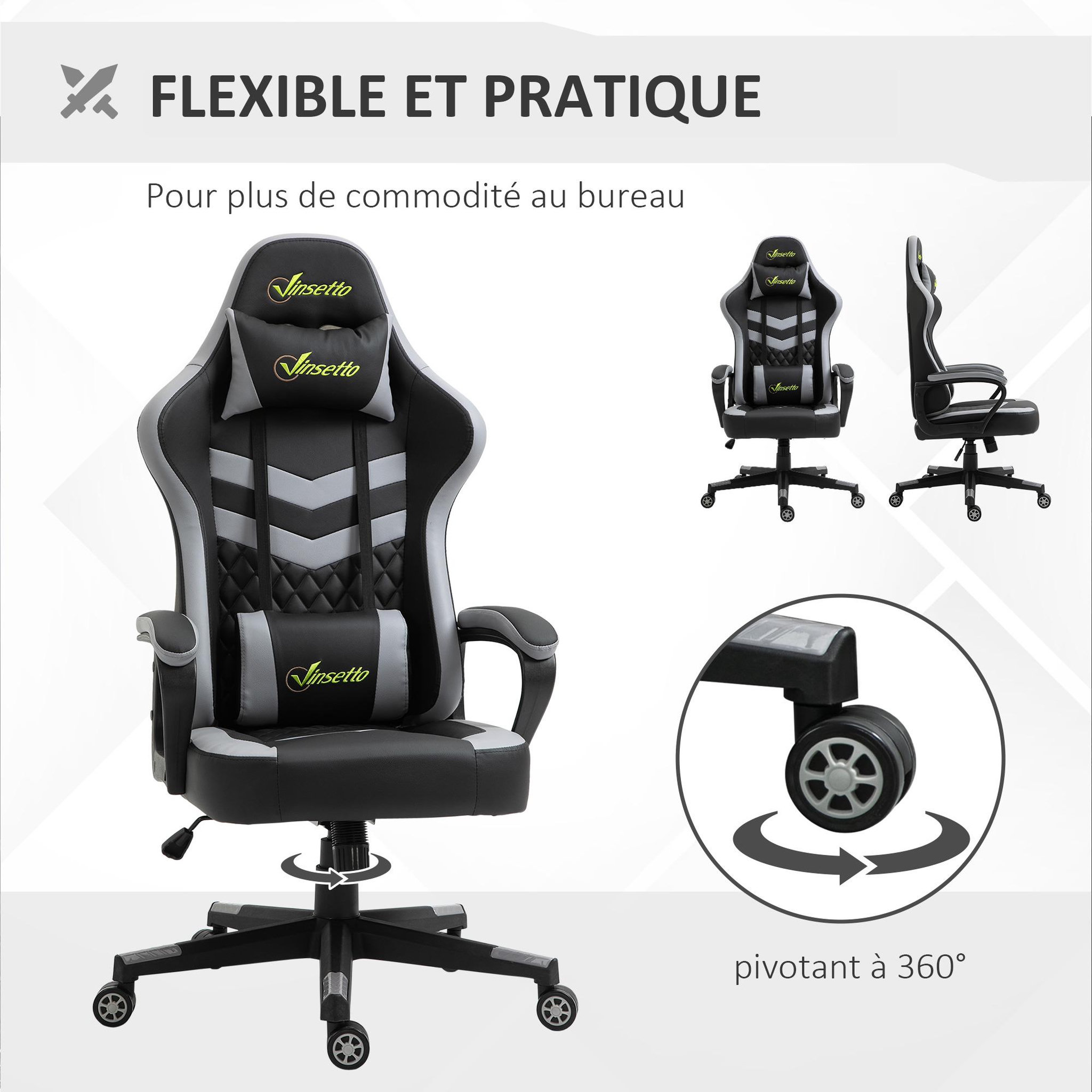 Voir la diapositive 6 : VINSETTO Chaise de bureau gaming réglable - coussin lombaires et tétière inclus - fonction bascule verrouillable - noir gris