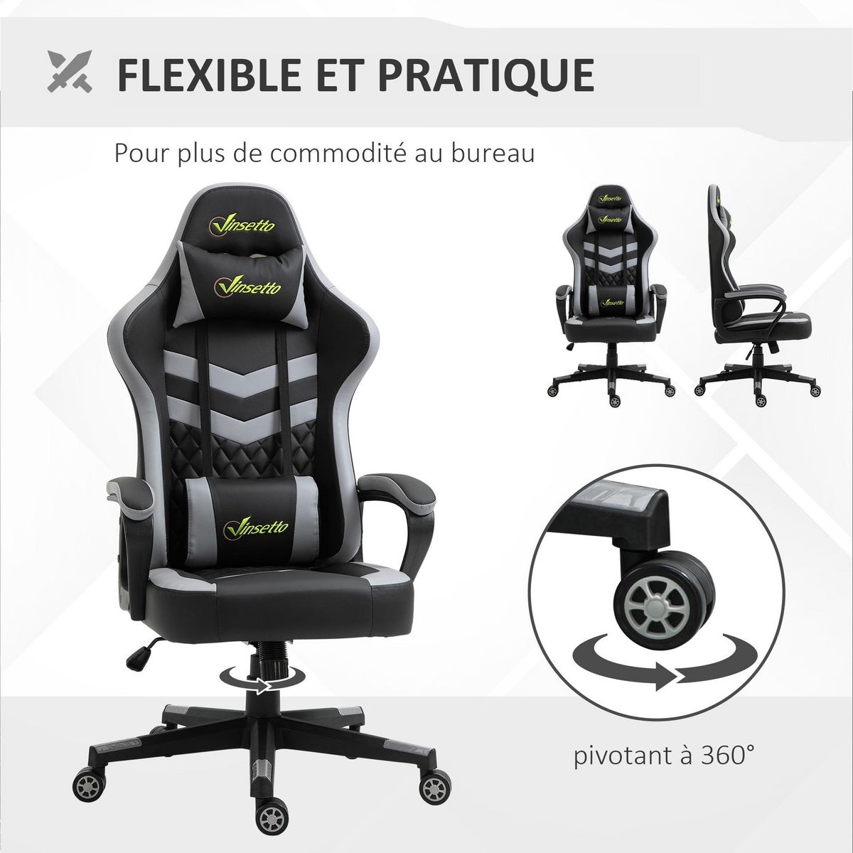 VINSETTO Chaise de bureau gaming réglable - coussin lombaires et tétière inclus - fonction bascule verrouillable - noir gris